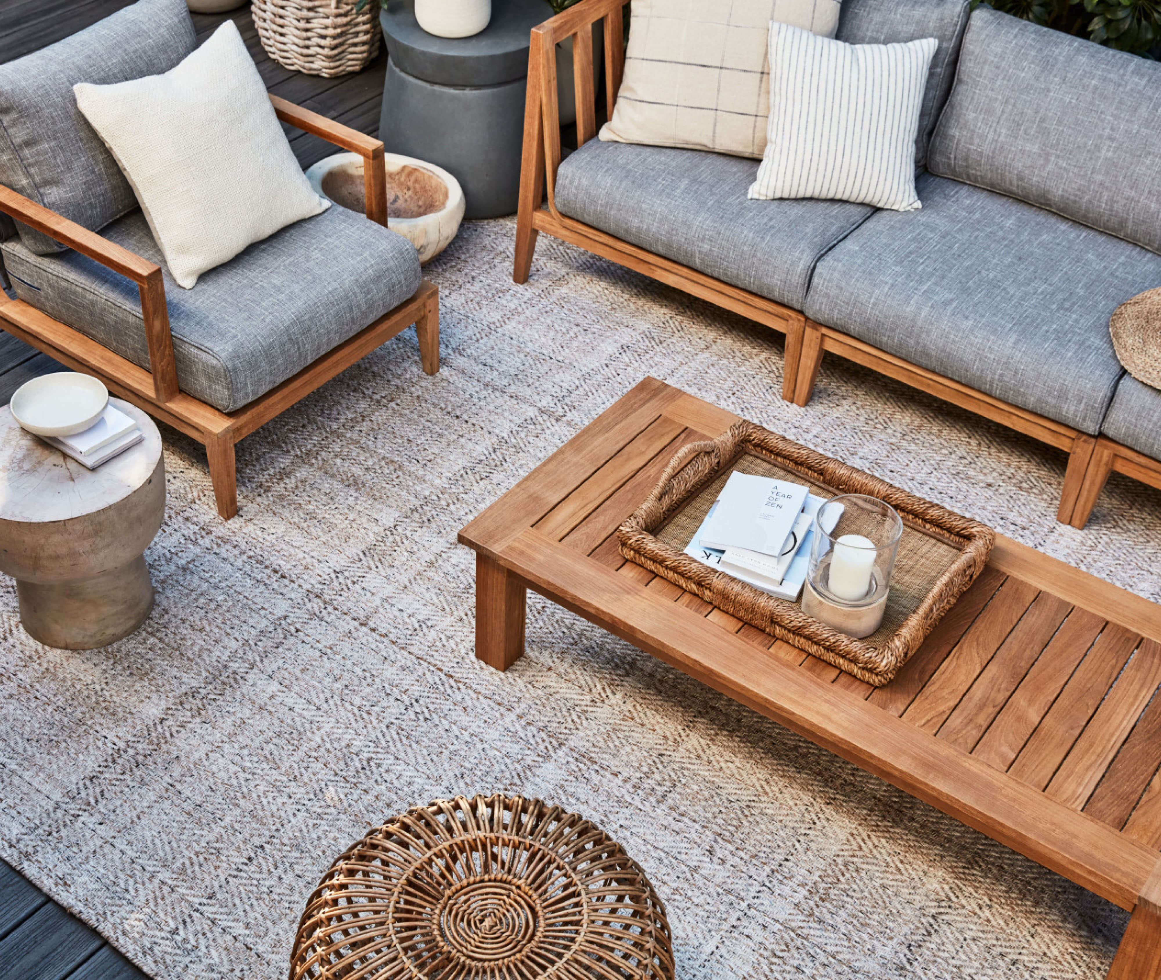 Recycled outdoor rug beneath outdoor seating area
