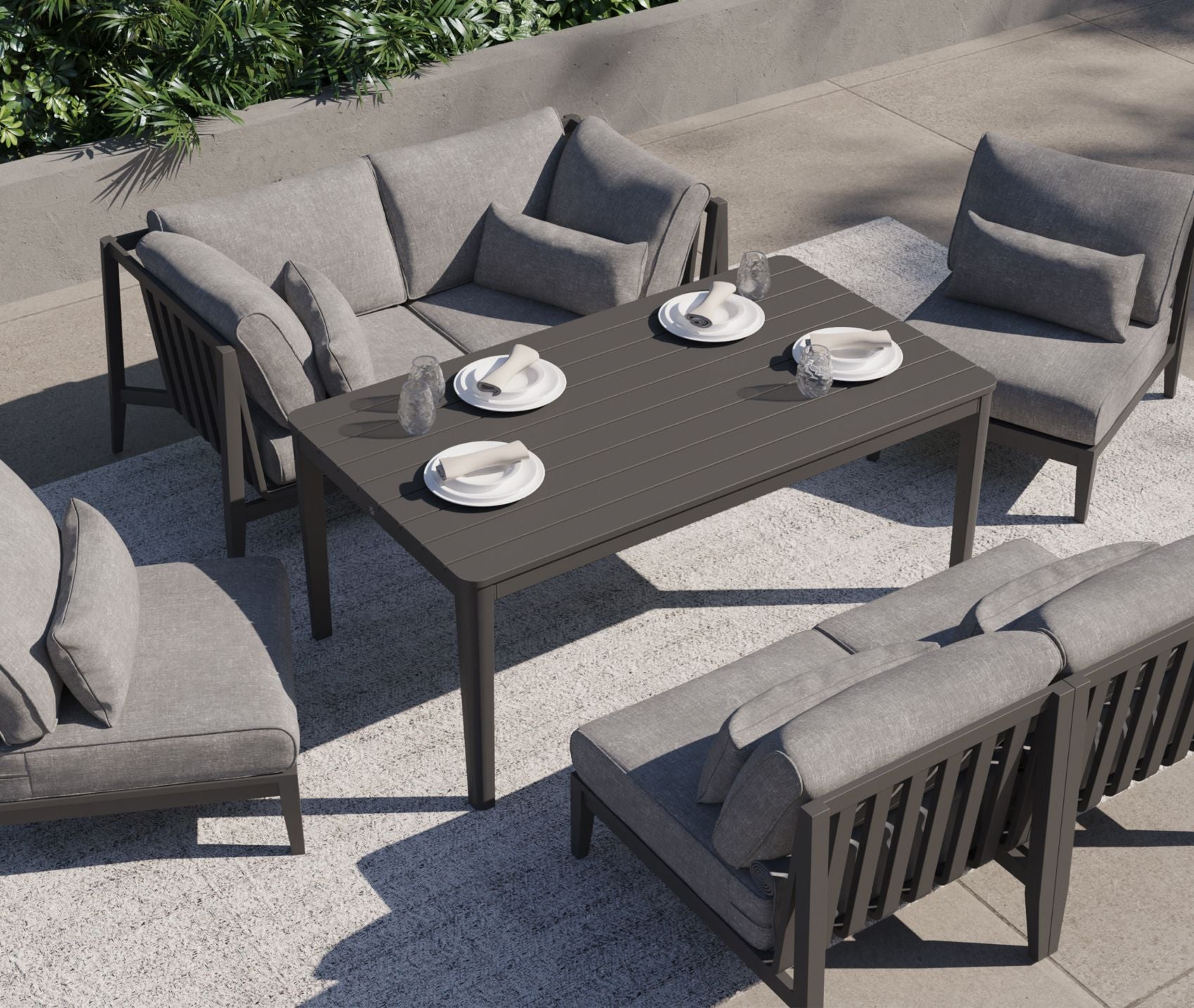 Outdoor gathering table with seating arranged for shared dining