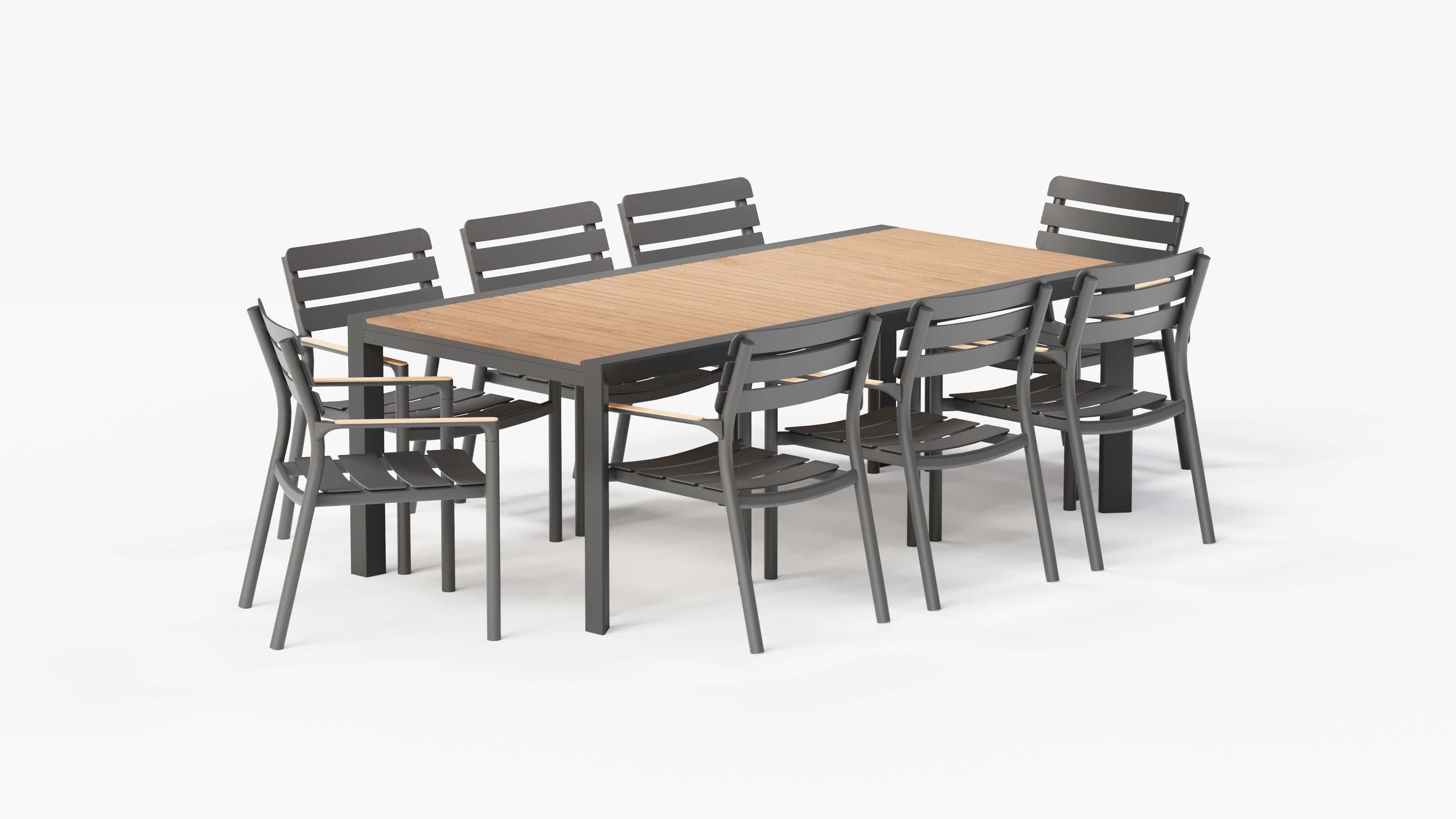 Modern outdoor dining table and chairs by Outer designed for patio and outdoor entertaining