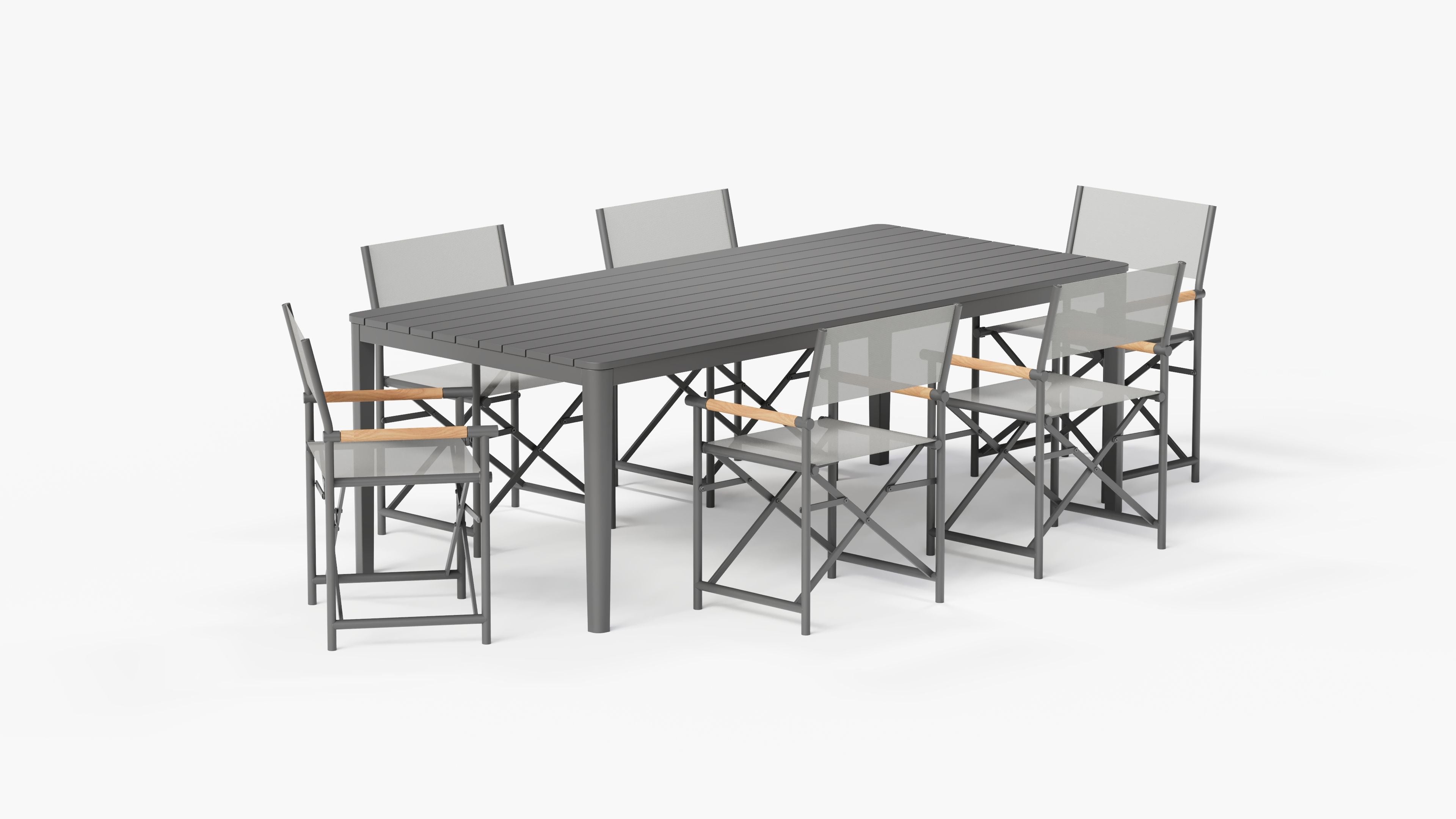outer-outdoor dining set-Charcoal aluminium rectangular dining table with six aluminium director’s chairs arranged on a modern patio for outdoor meals
