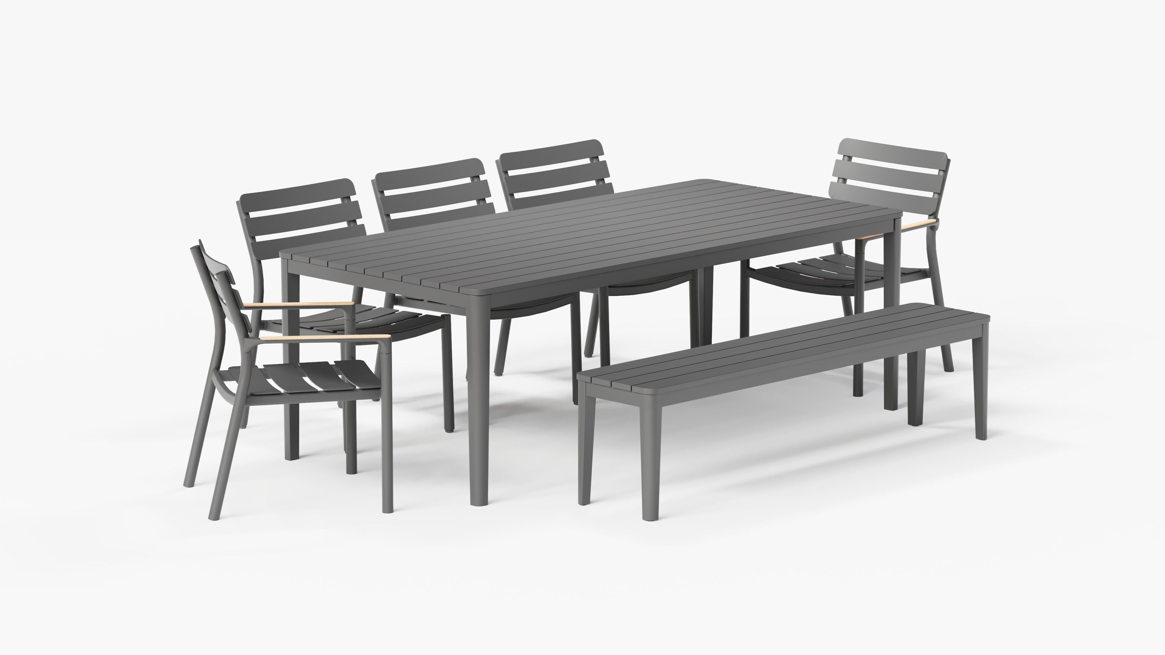 outer-outdoor dining set-Charcoal aluminum rectangular dining table paired with two 595 armchairs, three 595 armless chairs and an aluminum dining bench on a modern patio
