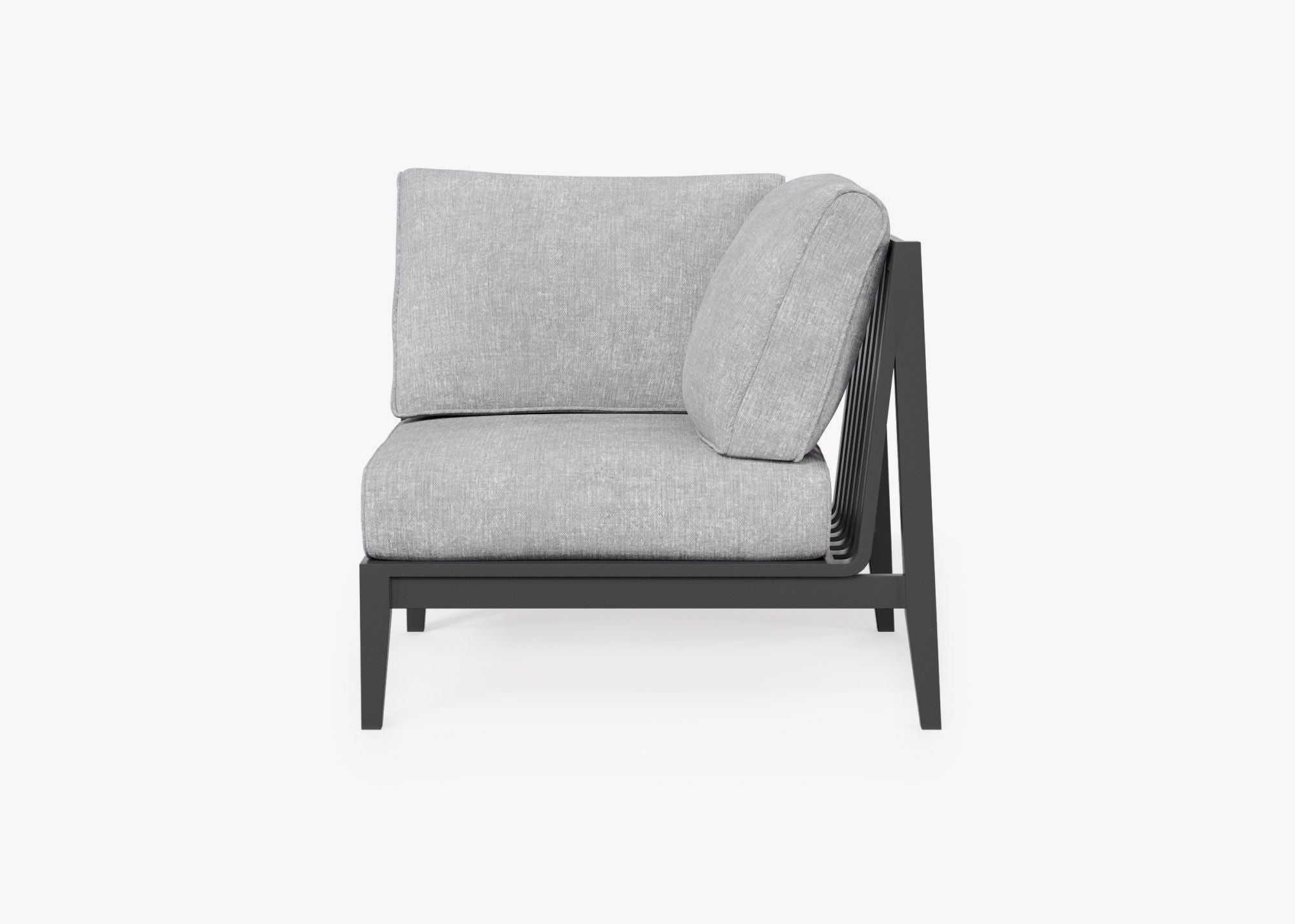 Charcoal Aluminum Outdoor Corner Chair - Left, front. Comfortable, durable, and weather resistant outdoor seating with memory foam. #color_pacific fog gray