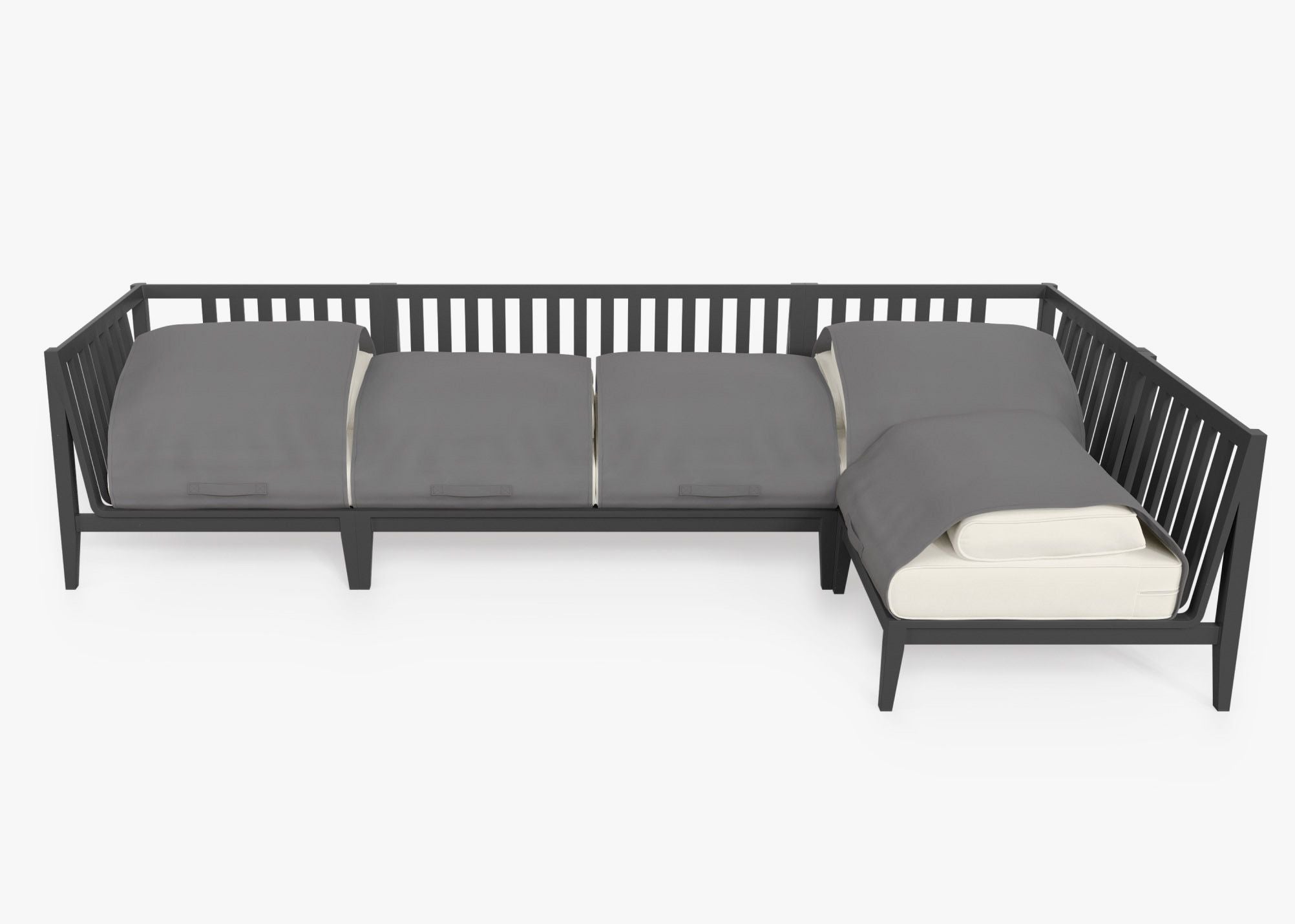 Charcoal Aluminum Outdoor L Sectional - 5 Seat shown with the OuterShell outdoor cushion cover, offering exclusive integrated protection. #color_palisades cream