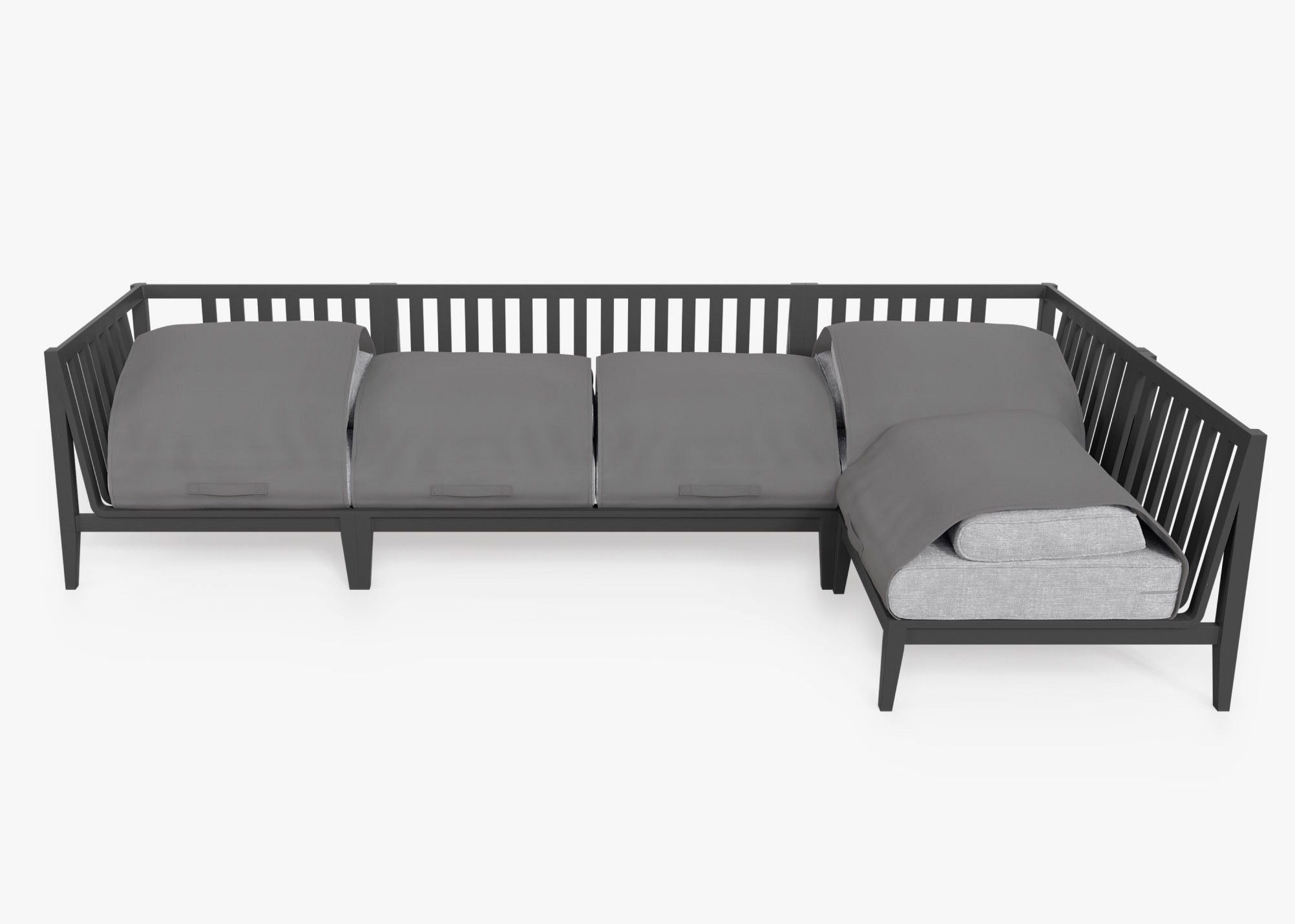 Charcoal Aluminum Outdoor L Sectional - 5 Seat shown with the OuterShell outdoor cushion cover, offering exclusive integrated protection. #color_pacific fog gray