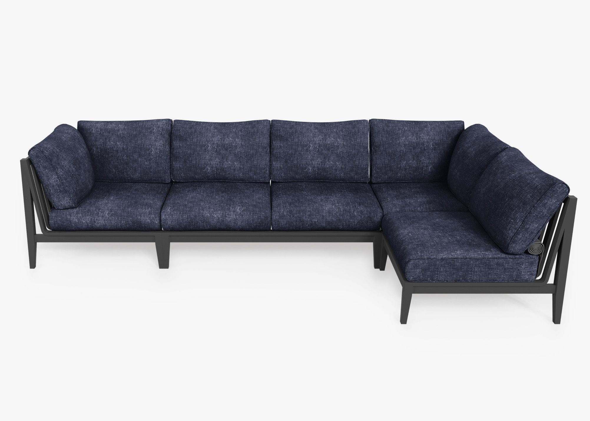 Charcoal Aluminum Outdoor L Sectional - 5 Seat, front. Comfortable, durable, and weather resistant outdoor seating with memory foam. #color_deep sea navy