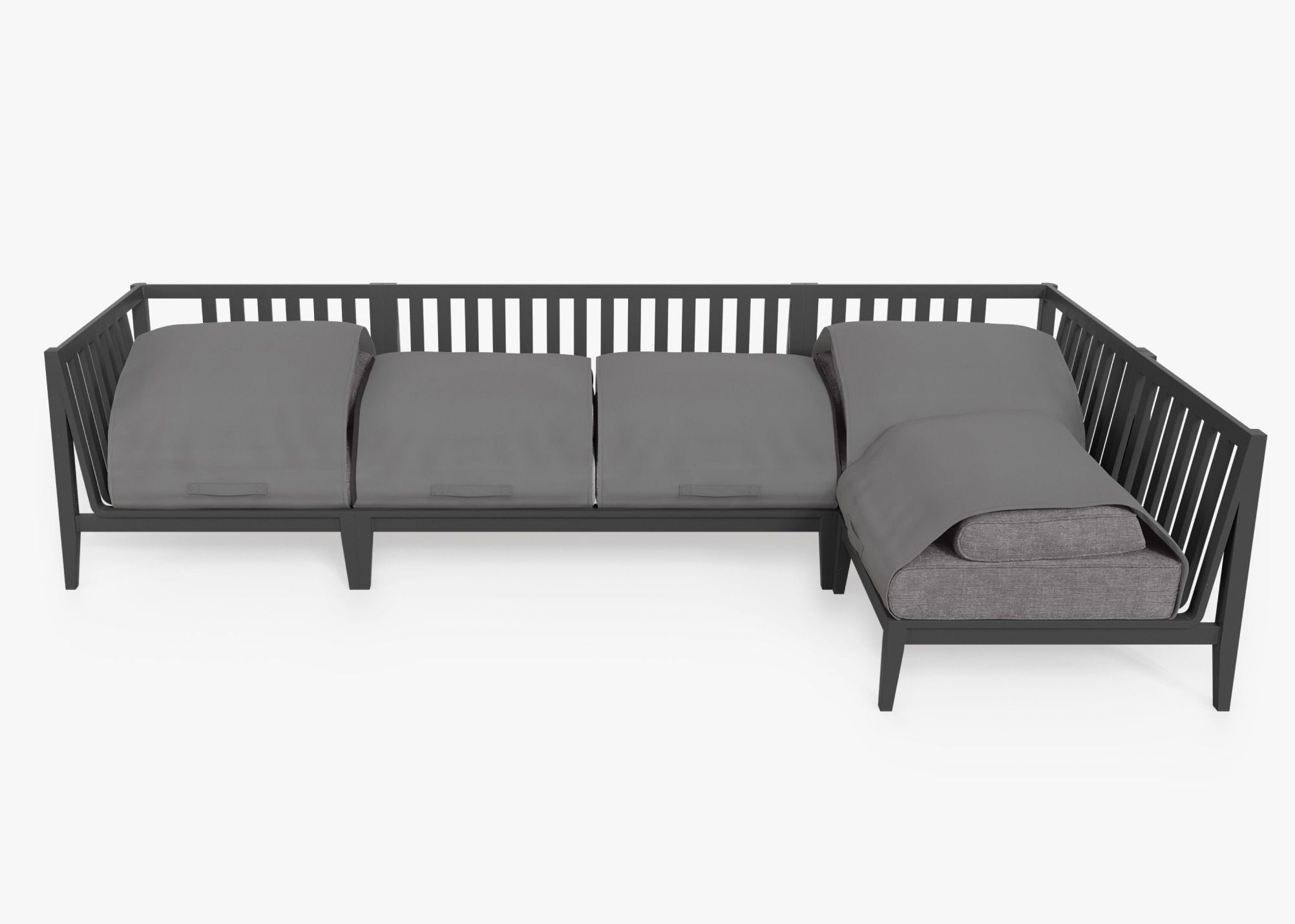 Charcoal Aluminum Outdoor L Sectional - 5 Seat shown with the OuterShell outdoor cushion cover, offering exclusive integrated protection. #color_dark pebble gray