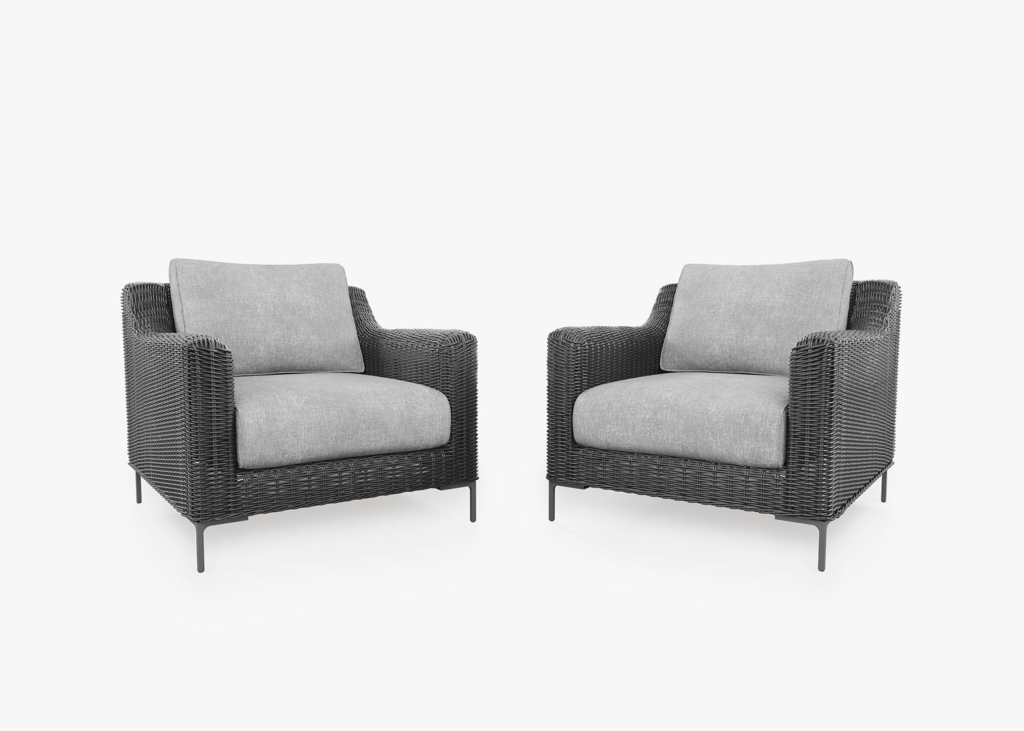 Black Wicker Outdoor Armchair Conversation Set, front. Comfortable, durable, and weather resistant outdoor seating with memory foam. #color_pacific fog gray