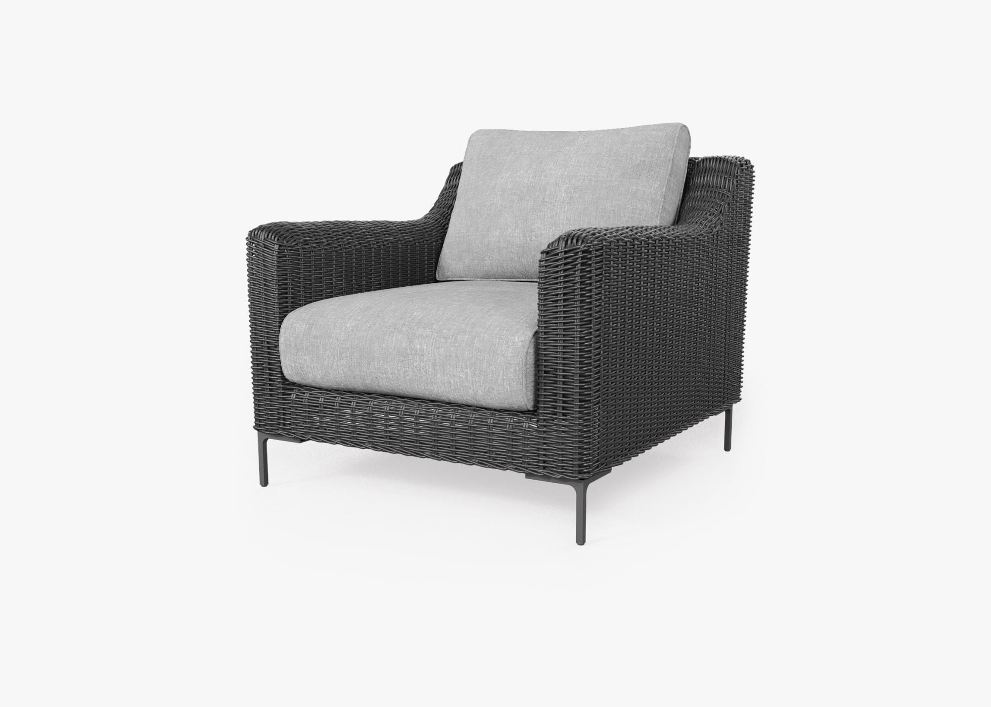 Black Wicker Outdoor Armchair, front. Comfortable, durable, and weather resistant outdoor seating with memory foam. #color_pacific fog gray