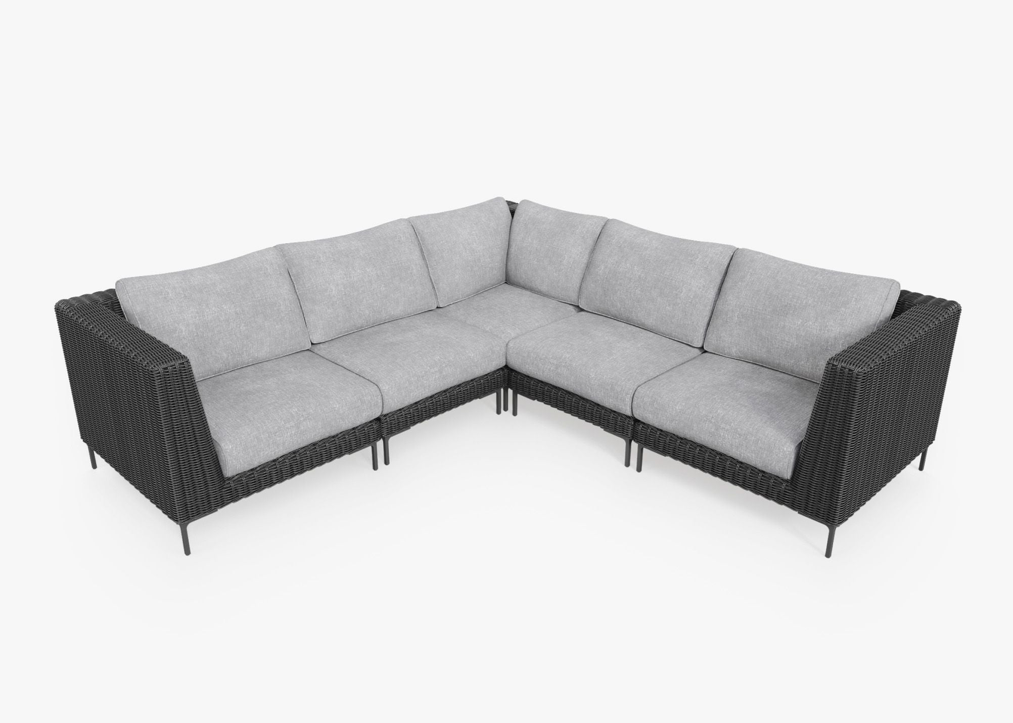 Black Wicker Outdoor Corner Sectional - 5 Seat, front. Comfortable, durable, and weather resistant outdoor seating with memory foam. #color_pacific fog gray