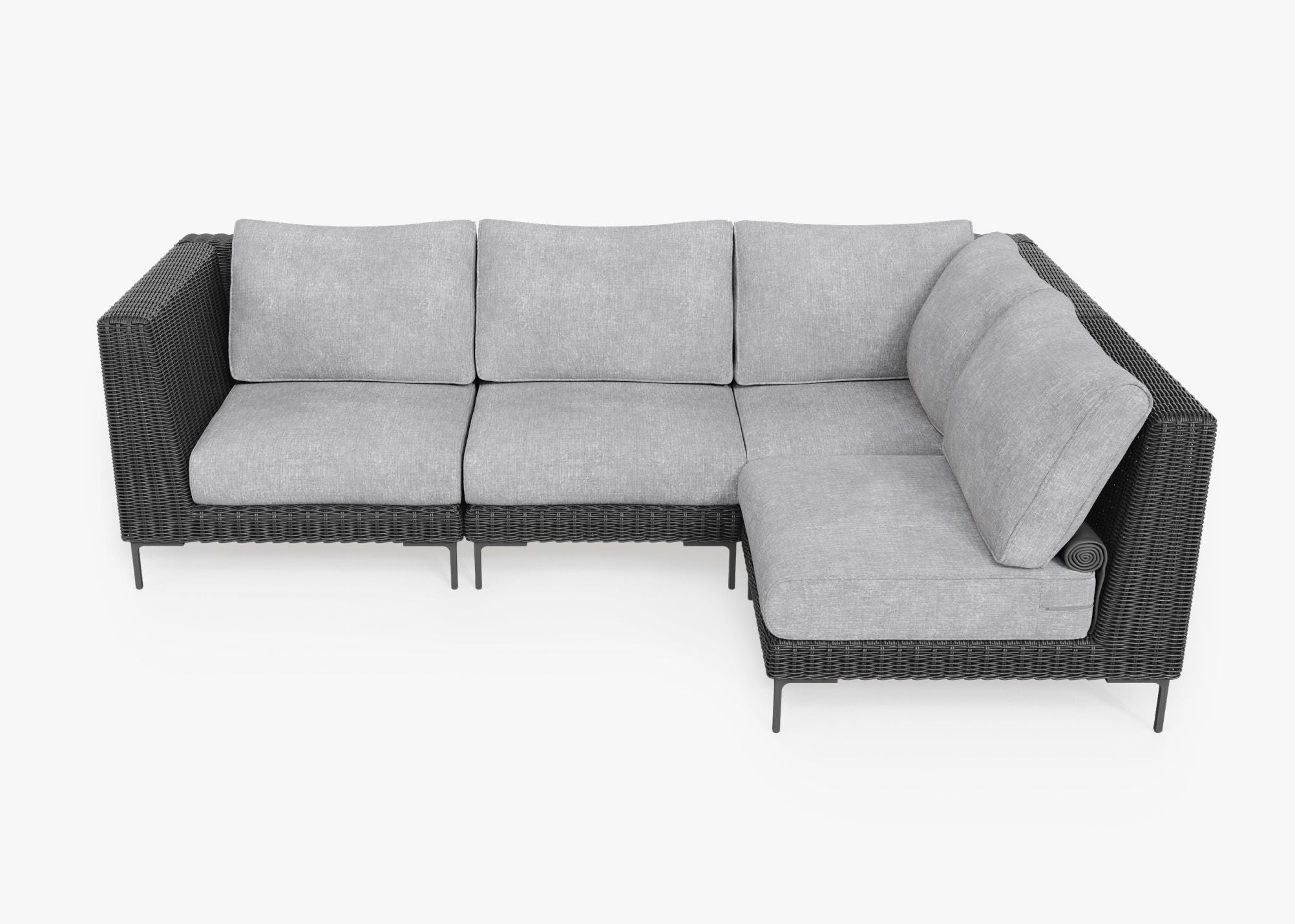Black Wicker Outdoor L Sectional - 4 Seat, front. Comfortable, durable, and weather resistant outdoor seating with memory foam. #color_pacific fog gray