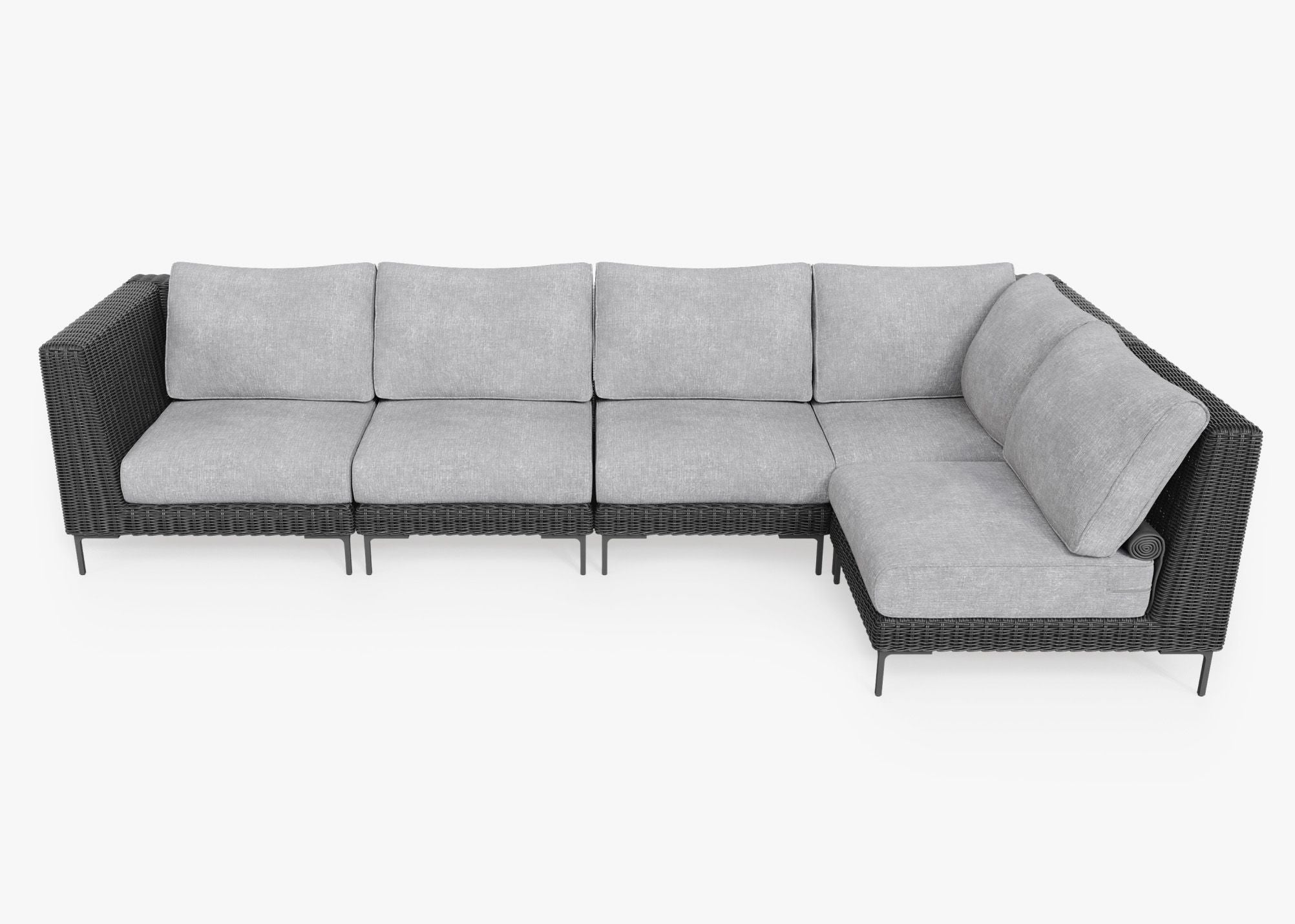 Black Wicker Outdoor L Sectional - 5 Seat, front. Comfortable, durable, and weather resistant outdoor seating with memory foam. #color_pacific fog gray