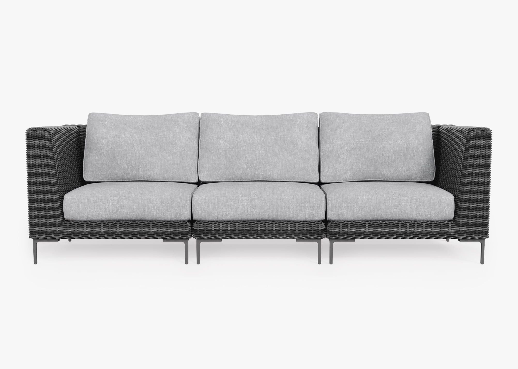 Black Wicker Outdoor Sofa - 3 Seat, front. Comfortable, durable, and weather resistant outdoor seating with memory foam. #color_pacific fog gray