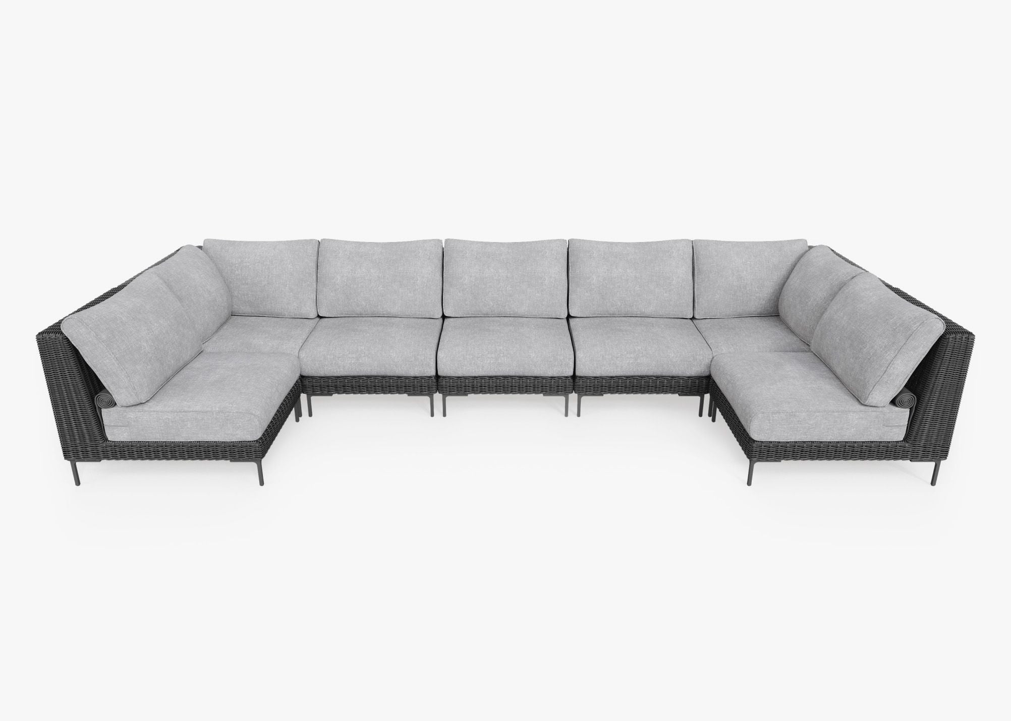 Black Wicker Outdoor U Sectional - 7 Seat, front. Comfortable, durable, and weather resistant outdoor seating with memory foam. #color_pacific fog gray