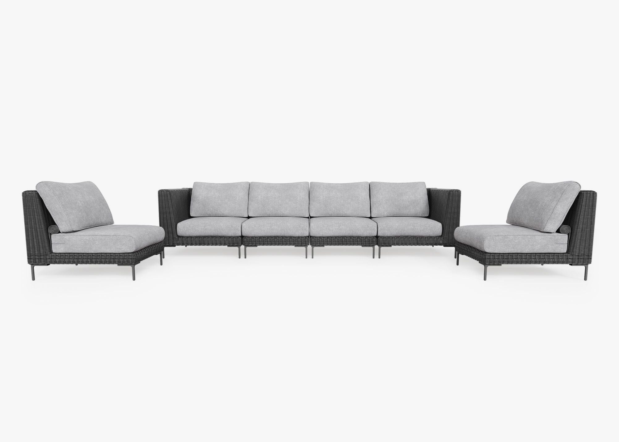 Black Wicker Outdoor Sofa with Armless Chairs - 6 Seat, front. Comfortable, durable, and weather resistant outdoor seating with memory foam. #color_pacific fog gray