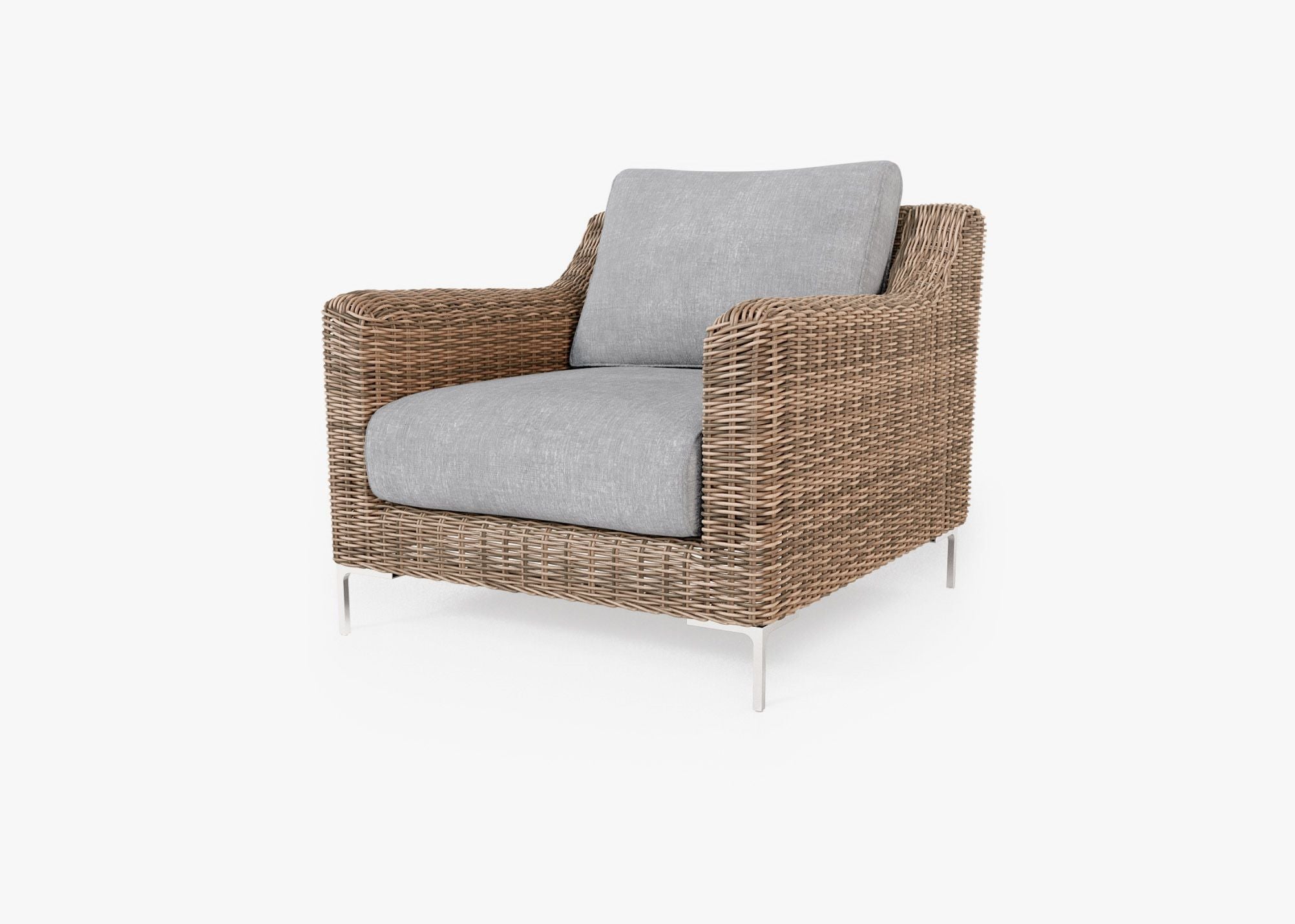 Brown Wicker Outdoor Armchair, front. Comfortable, durable, and weather resistant outdoor seating with memory foam. #fabric_pacific fog gray