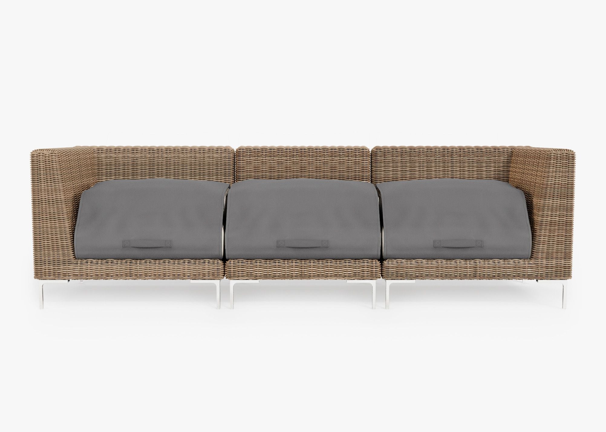 Brown Wicker Outdoor Sofa - 3 Seat shown with the OuterShell outdoor cushion cover, offering exclusive integrated protection. #color_palisades cream