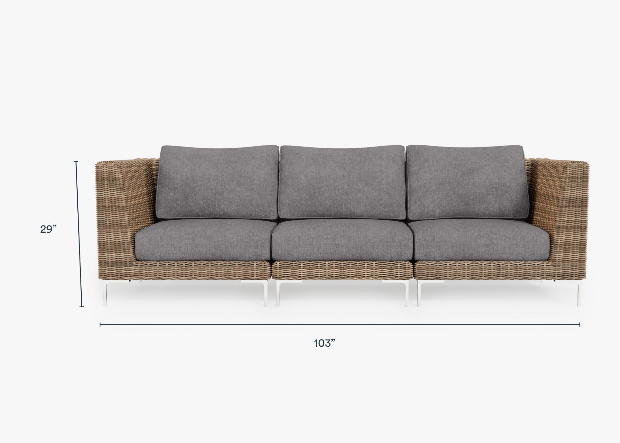 Brown Wicker Outdoor Sofa - 3 Seat dimensions in inches, also listed under Dimensions and Weights. #color_dark pebble gray