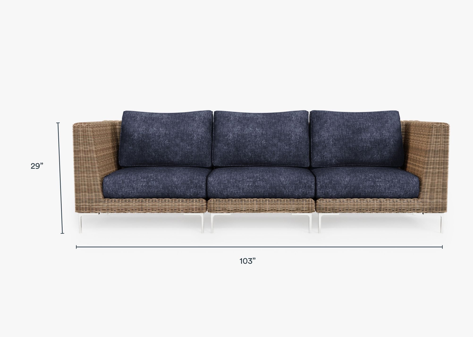Brown Wicker Outdoor Sofa - 3 Seat dimensions in inches, also listed under Dimensions and Weights. #color_deep sea navy
