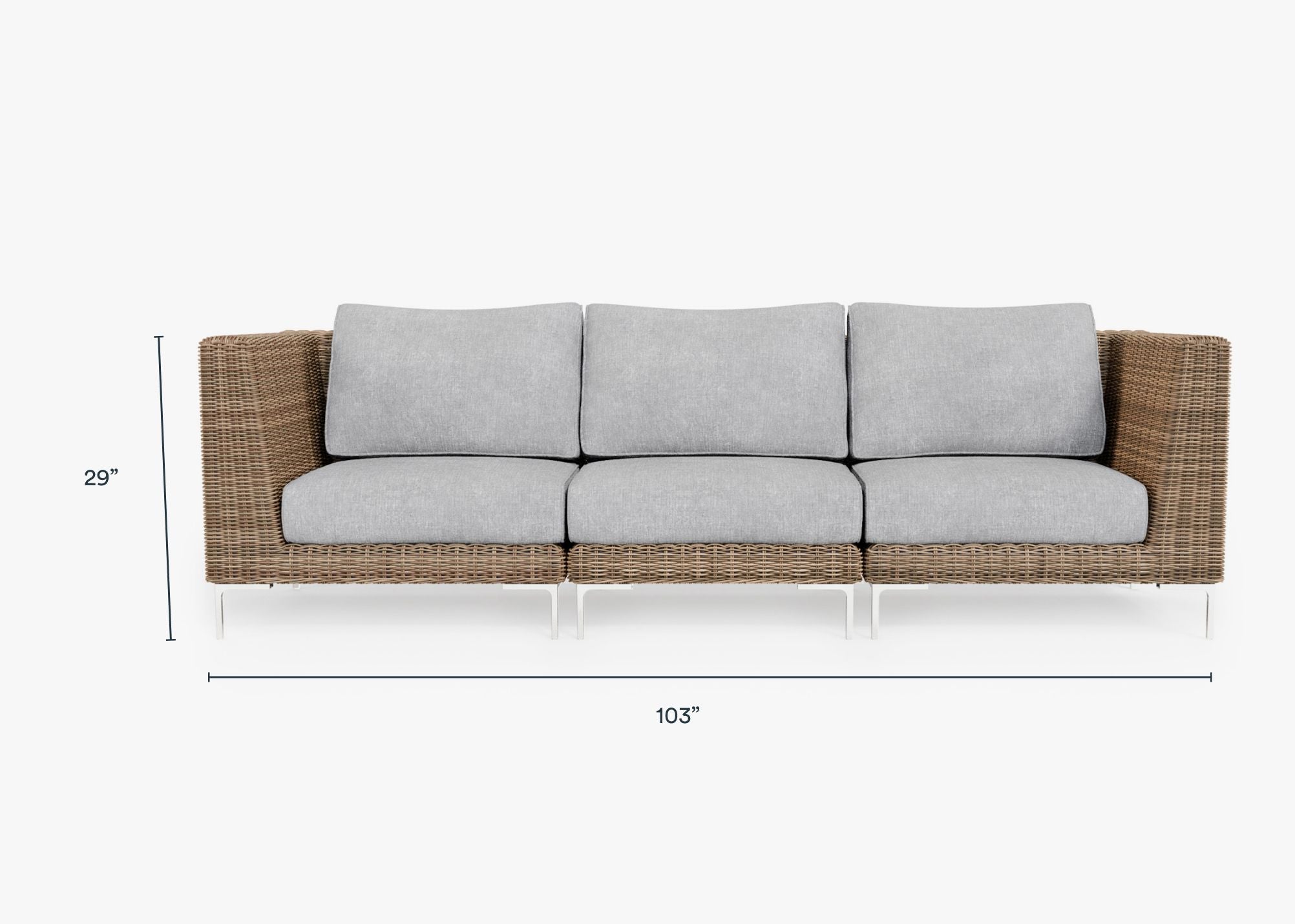 Brown Wicker Outdoor Sofa - 3 Seat dimensions in inches, also listed under Dimensions and Weights. #color_pacific fog gray