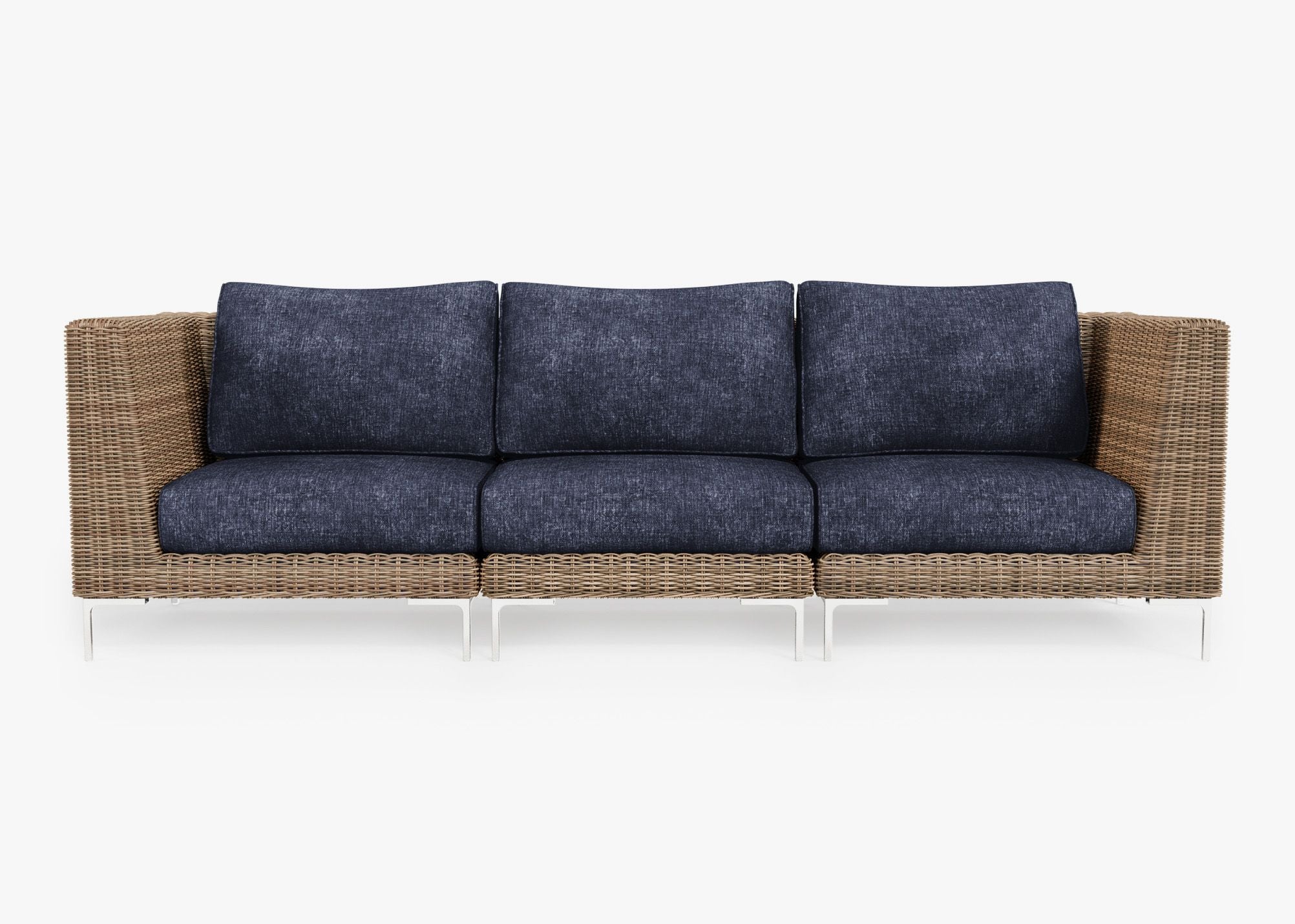 Brown Wicker Outdoor Sofa - 3 Seat, front. Comfortable, durable, and weather resistant outdoor seating with memory foam. #color_deep sea navy