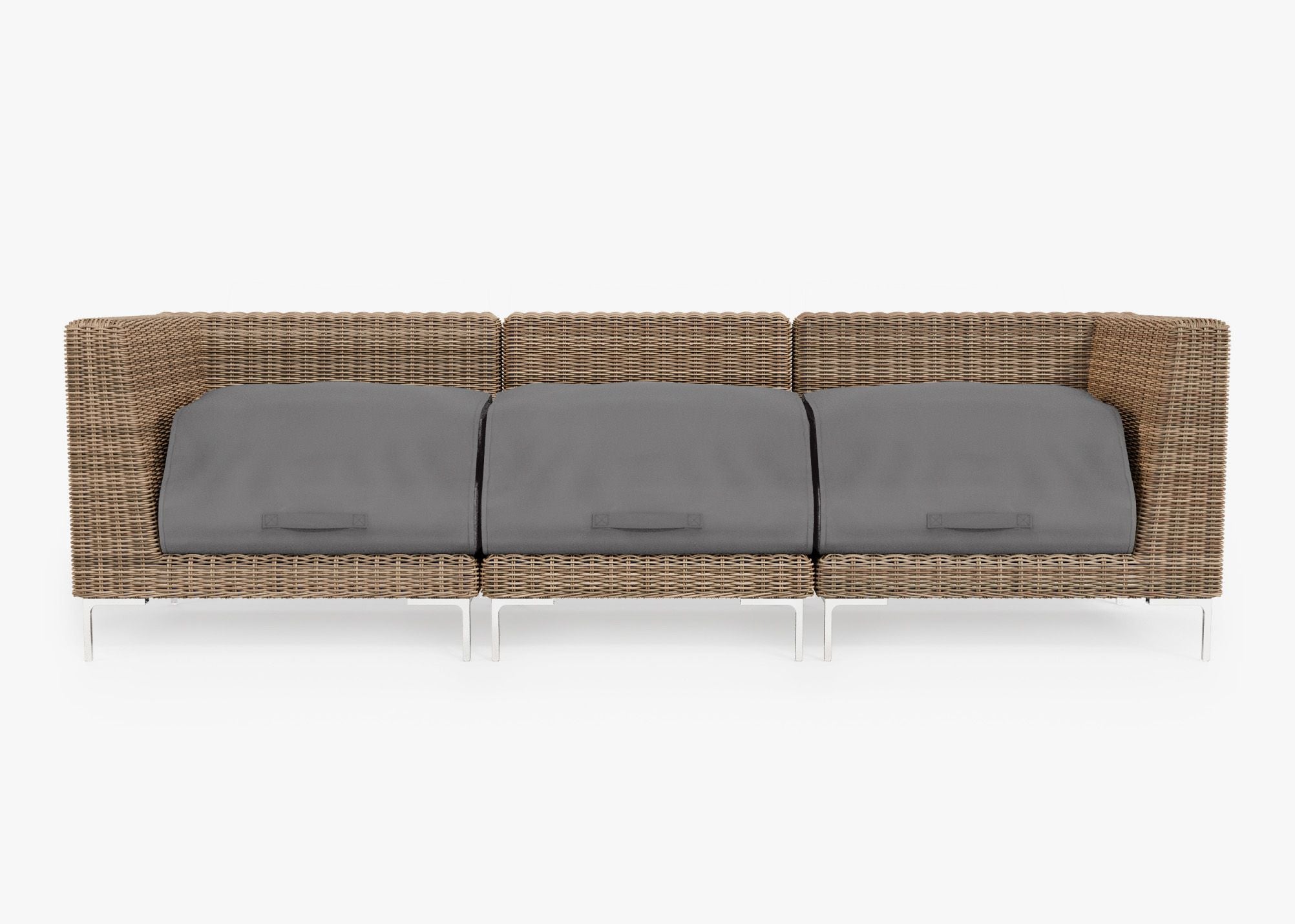 Brown Wicker Outdoor Sofa - 3 Seat shown with the OuterShell outdoor cushion cover, offering exclusive integrated protection. #color_deep sea navy