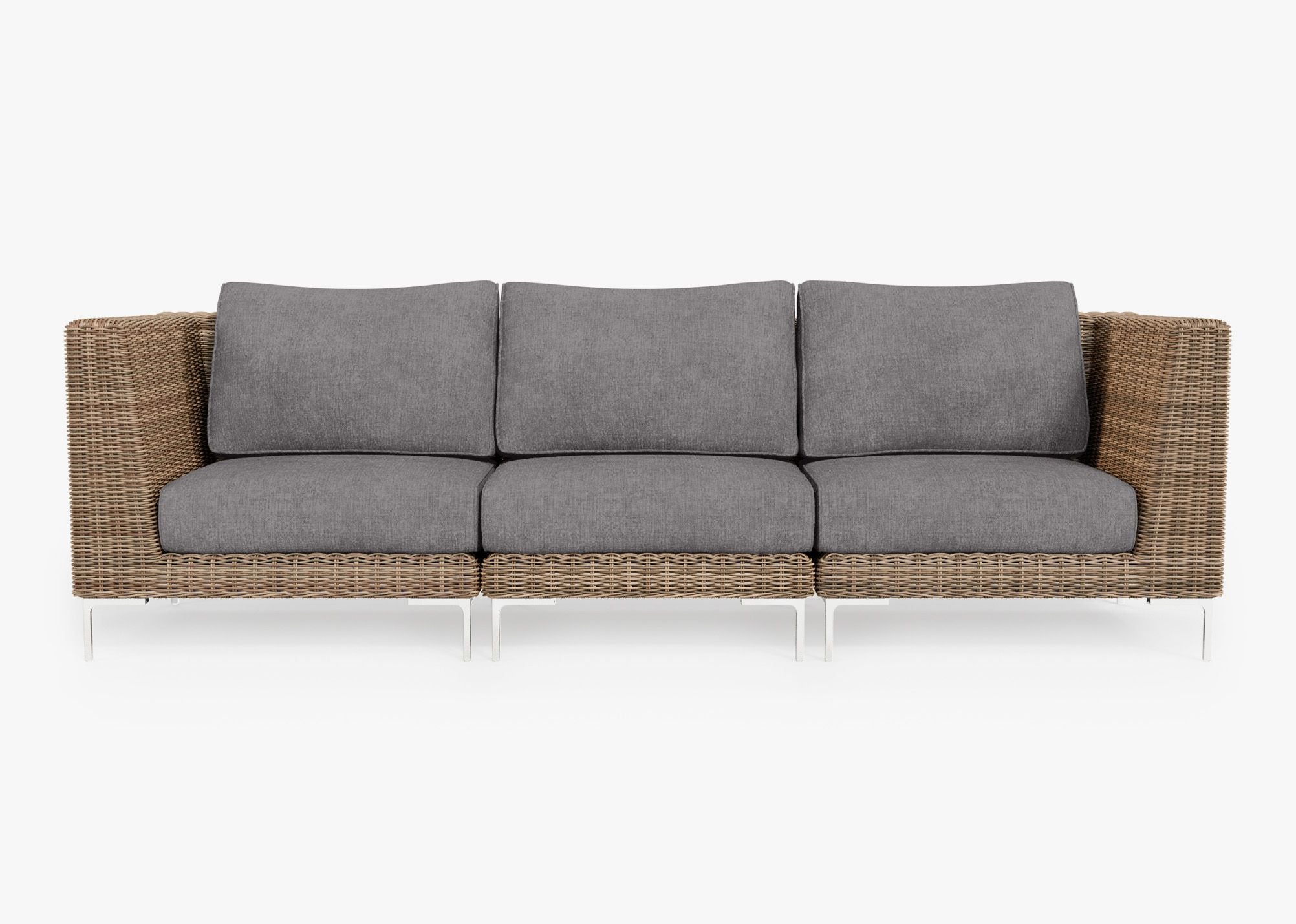 Brown Wicker Outdoor Sofa - 3 Seat, front. Comfortable, durable, and weather resistant outdoor seating with memory foam. #color_dark pebble gray