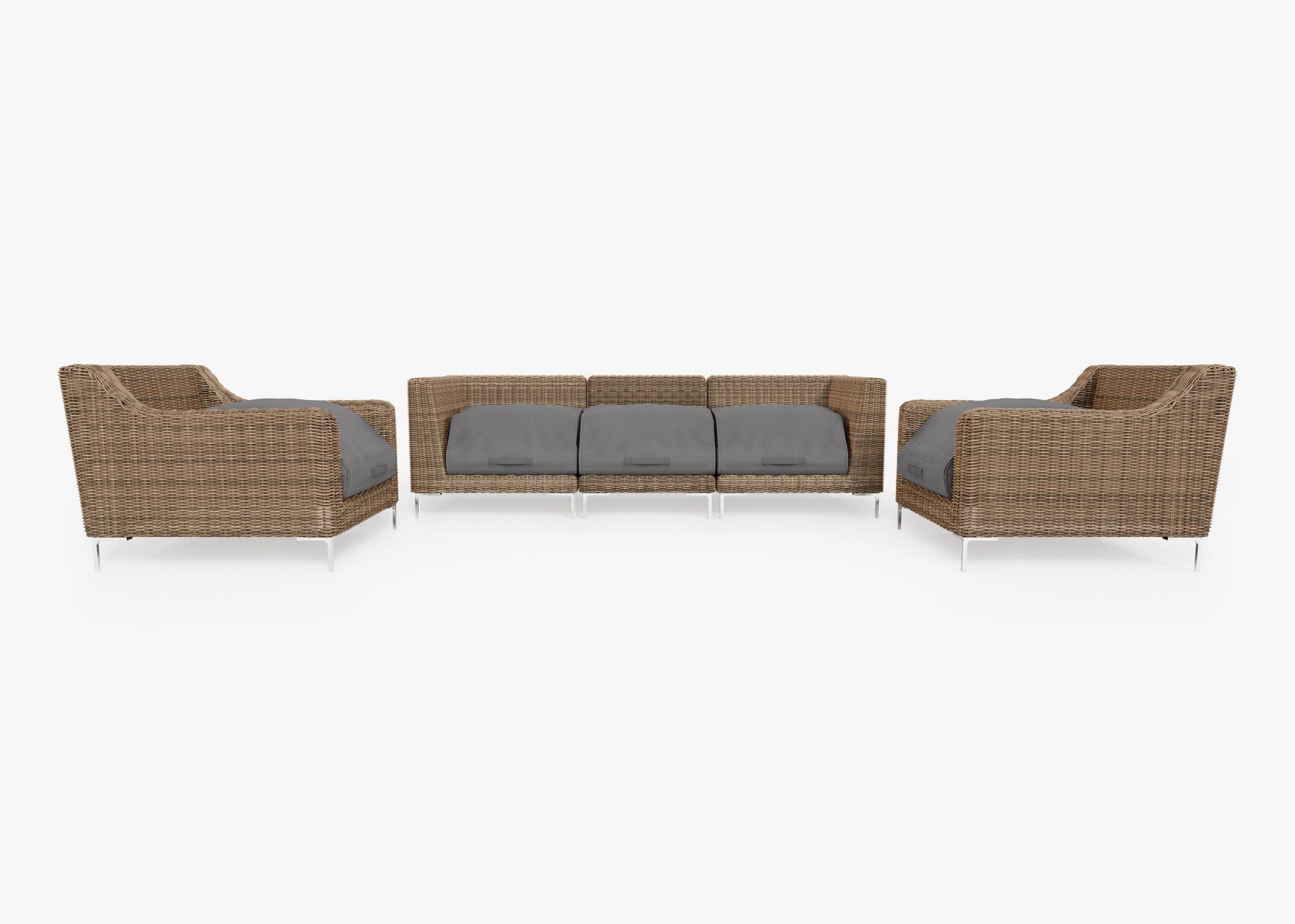 Brown Wicker Outdoor Sofa with Armchairs - 5 Seat shown with the OuterShell outdoor cushion cover, offering exclusive integrated protection. #color_dark pebble gray
