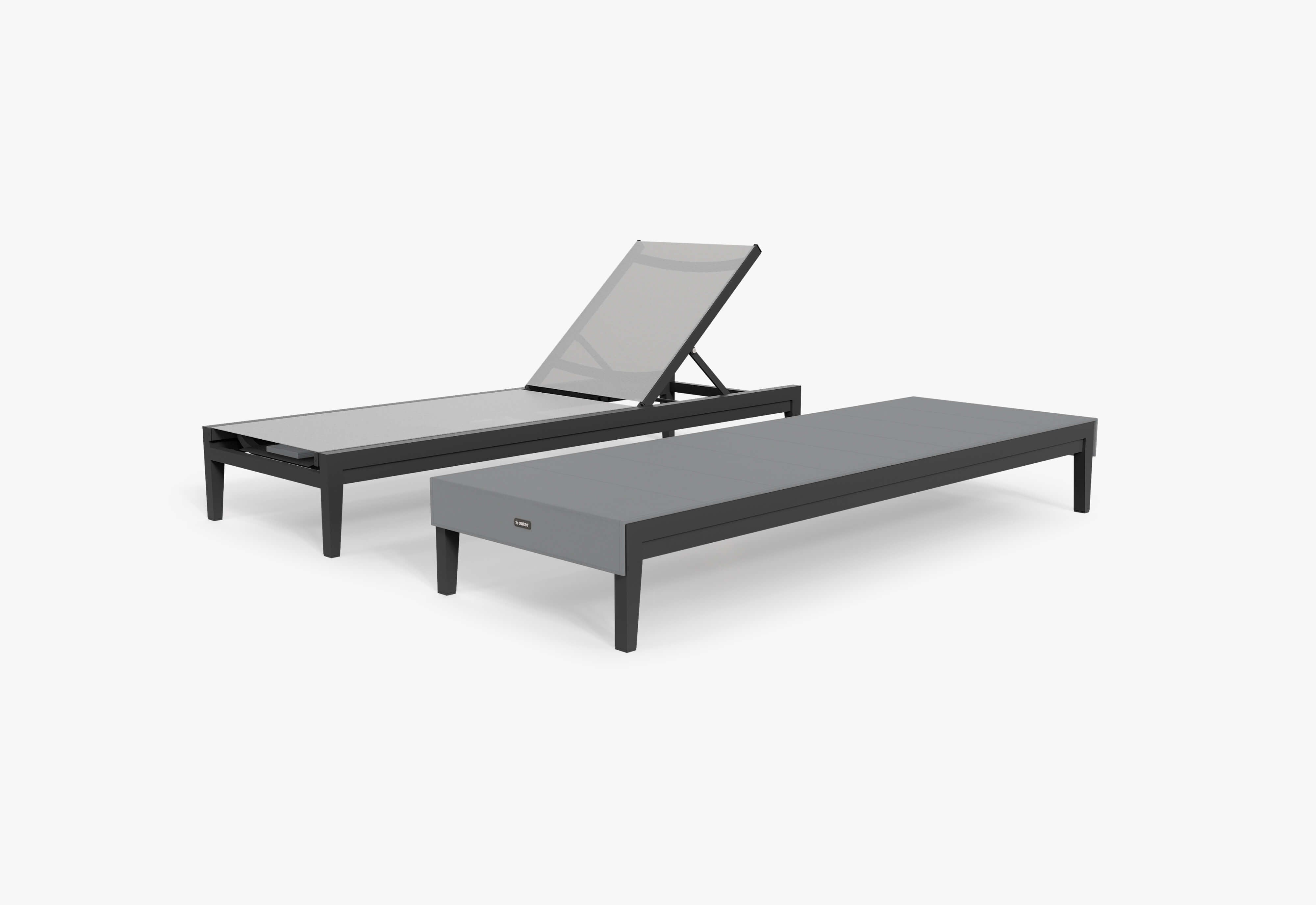 Two Charcoal Aluminum Chaise Lounges shown together, one with the OuterShell covering it. #chaise color_charcoal