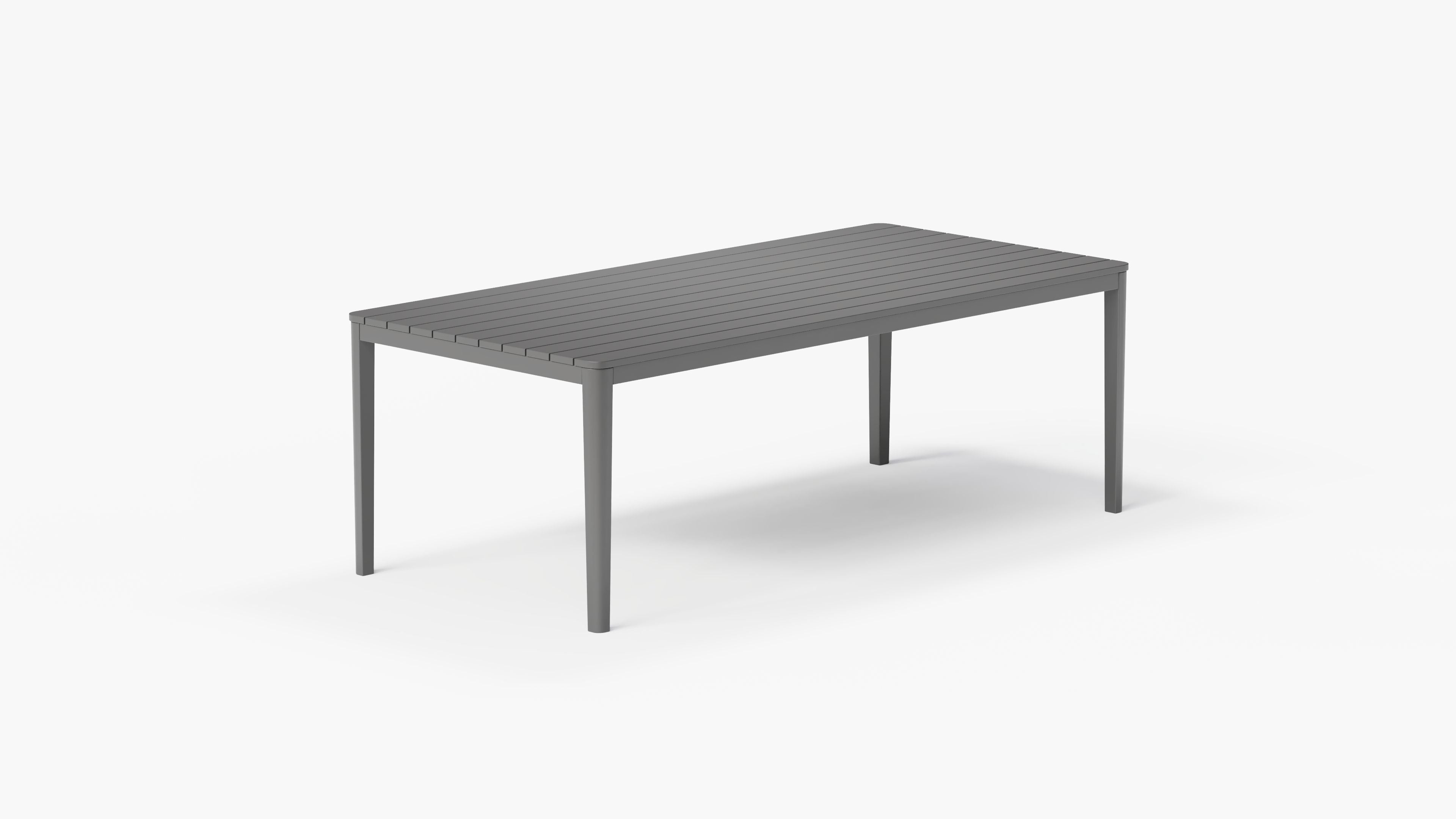 outer-dining table-Charcoal aluminum slatted outdoor dining table shown in a clean studio setting