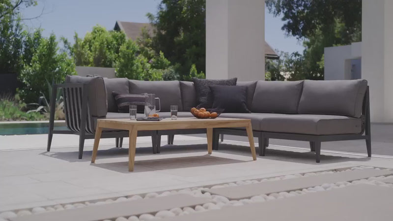 Video showing multiple Outer outdoor furniture layouts, fabrics, finishes, and seating styles, including sofas, lounge chairs, and sectional arrangements designed to fit different spaces and patio setups.