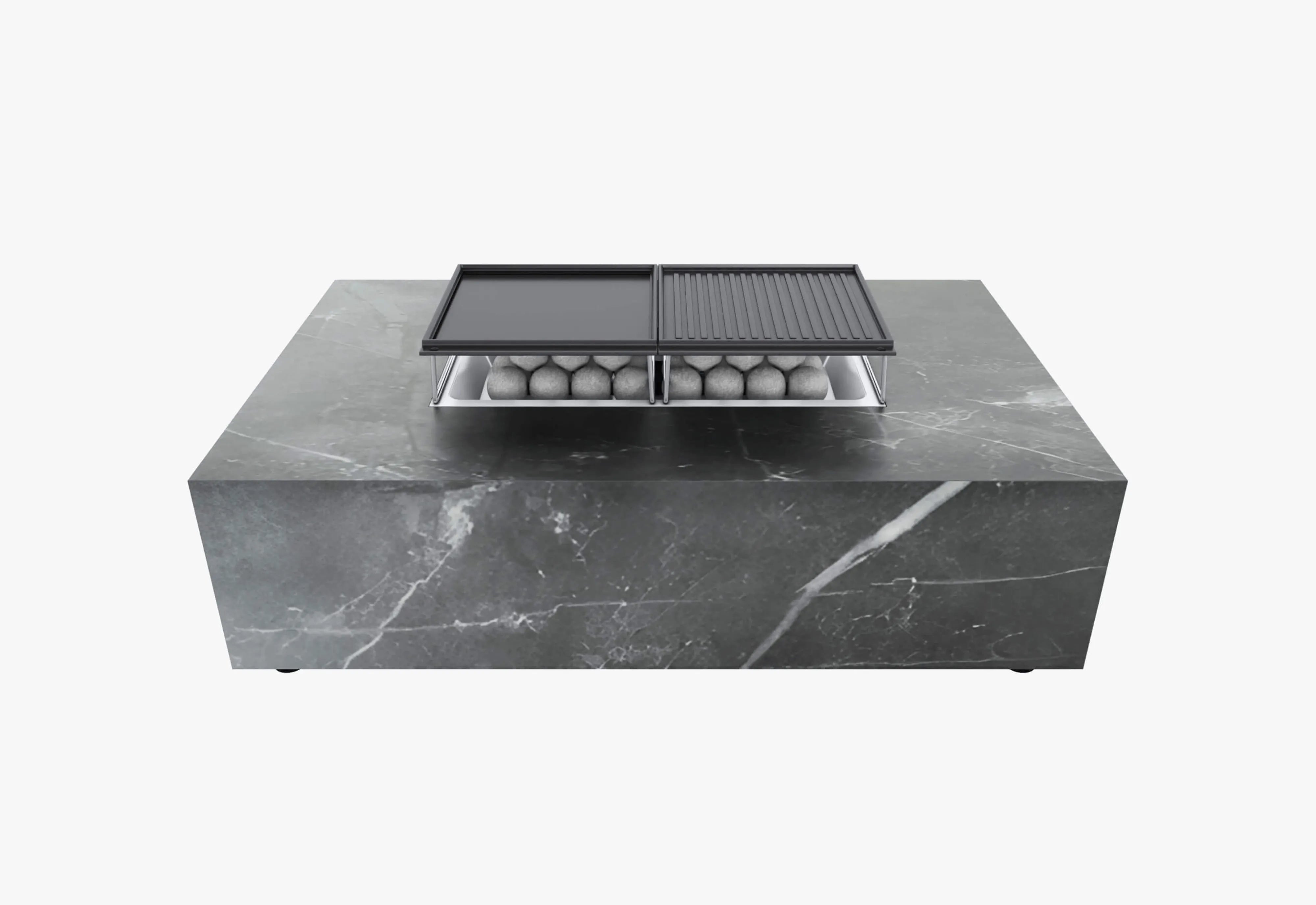 Outer stone fire pit table with integrated burner on a white background