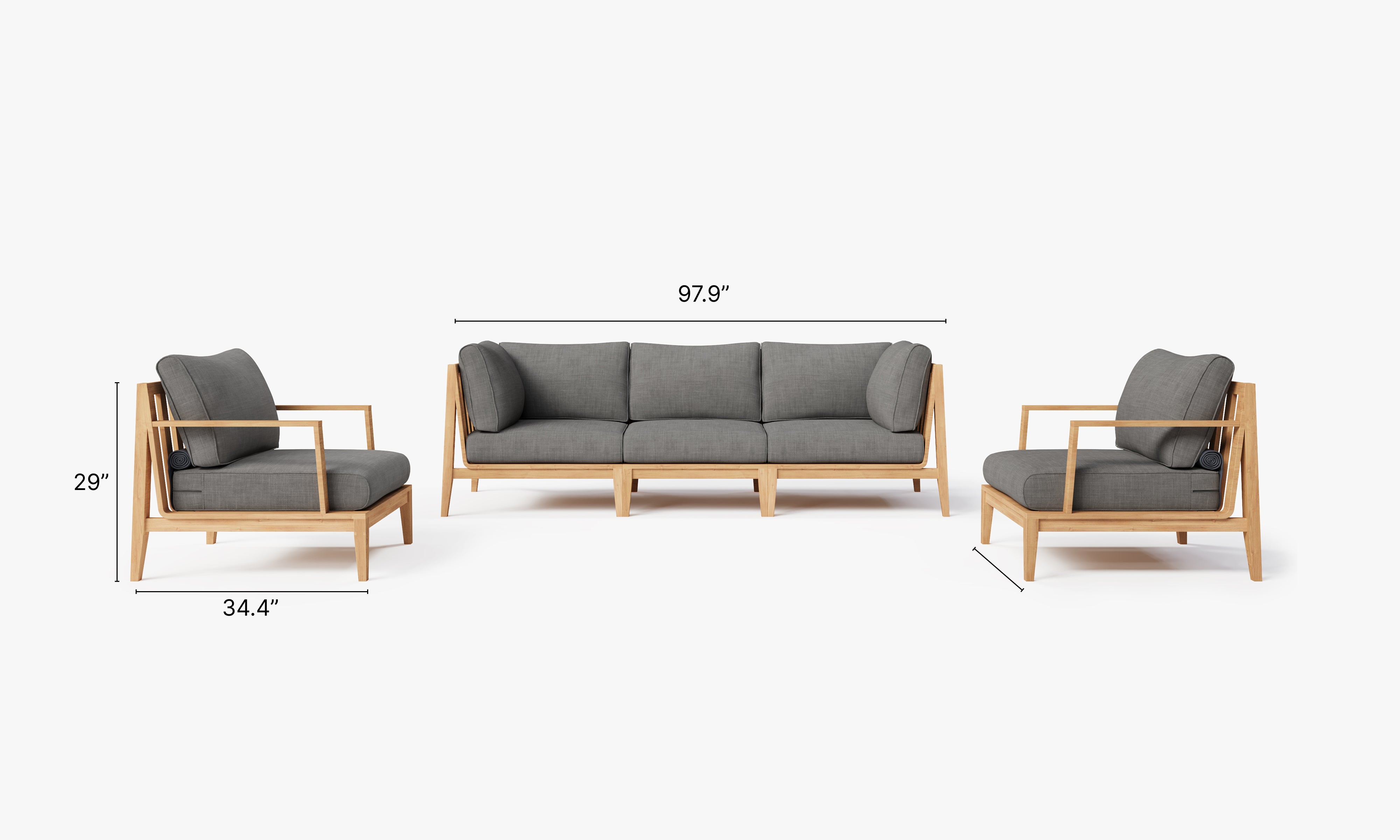 Teak outdoor sofa with matching armchairs, featuring dark pebble gray cushions and a modern design.-teak outdoor sofa-outer #color_dark pebble gray