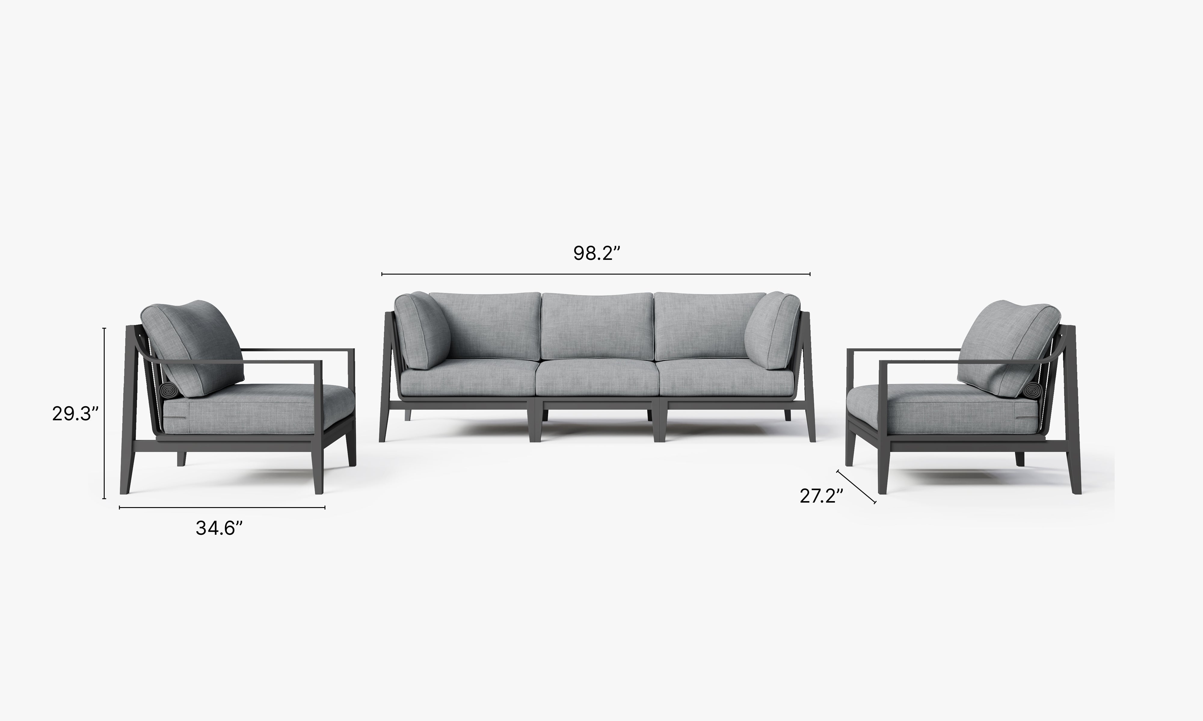 Charcoal Aluminum Outdoor Sofa with Armchairs - 5 Seat dimensions in inches, also listed under Dimensions and Weights. #color_pacific fog gray