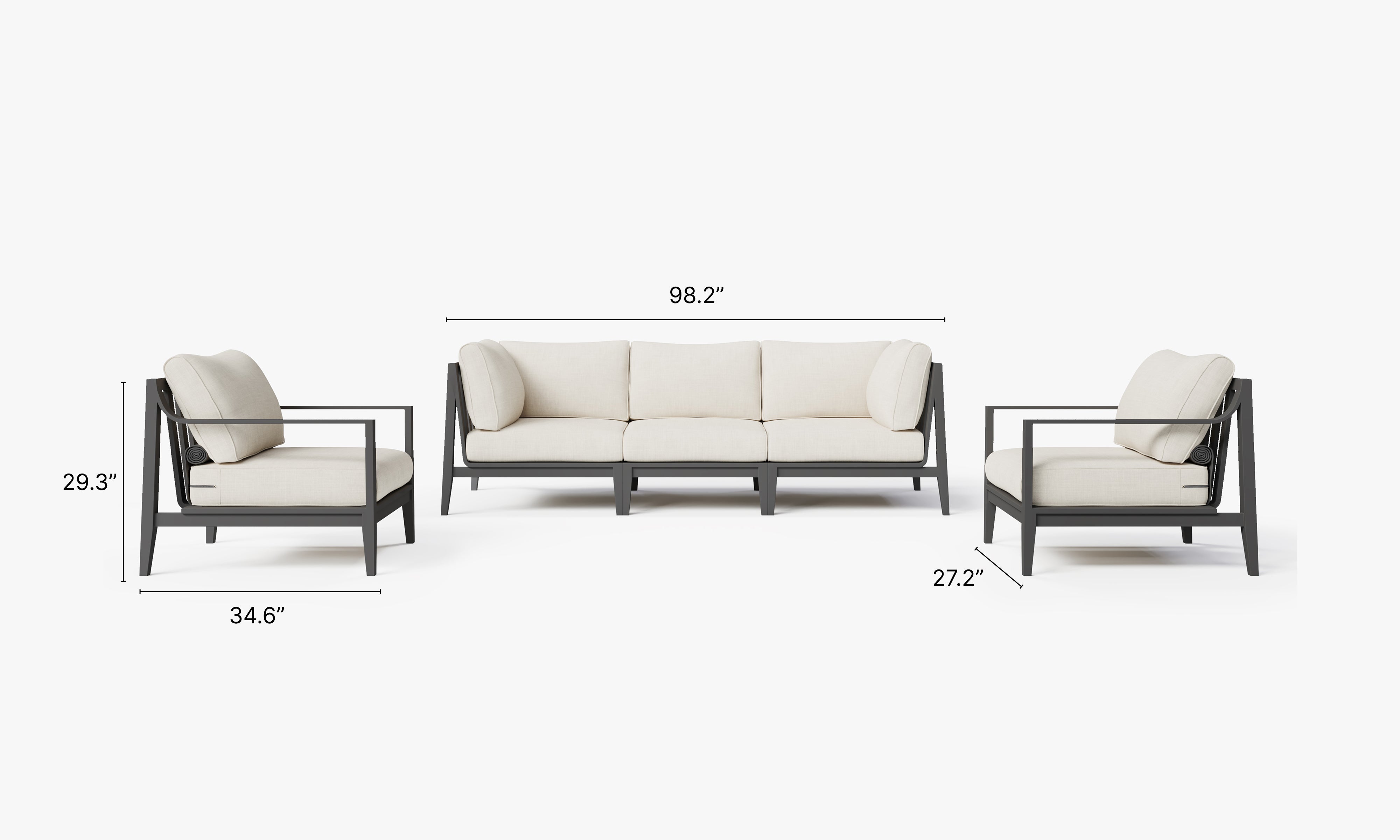 Charcoal Aluminum Outdoor Sofa with Armchairs - 5 Seat dimensions in inches, also listed under Dimensions and Weights. #color_palisades cream