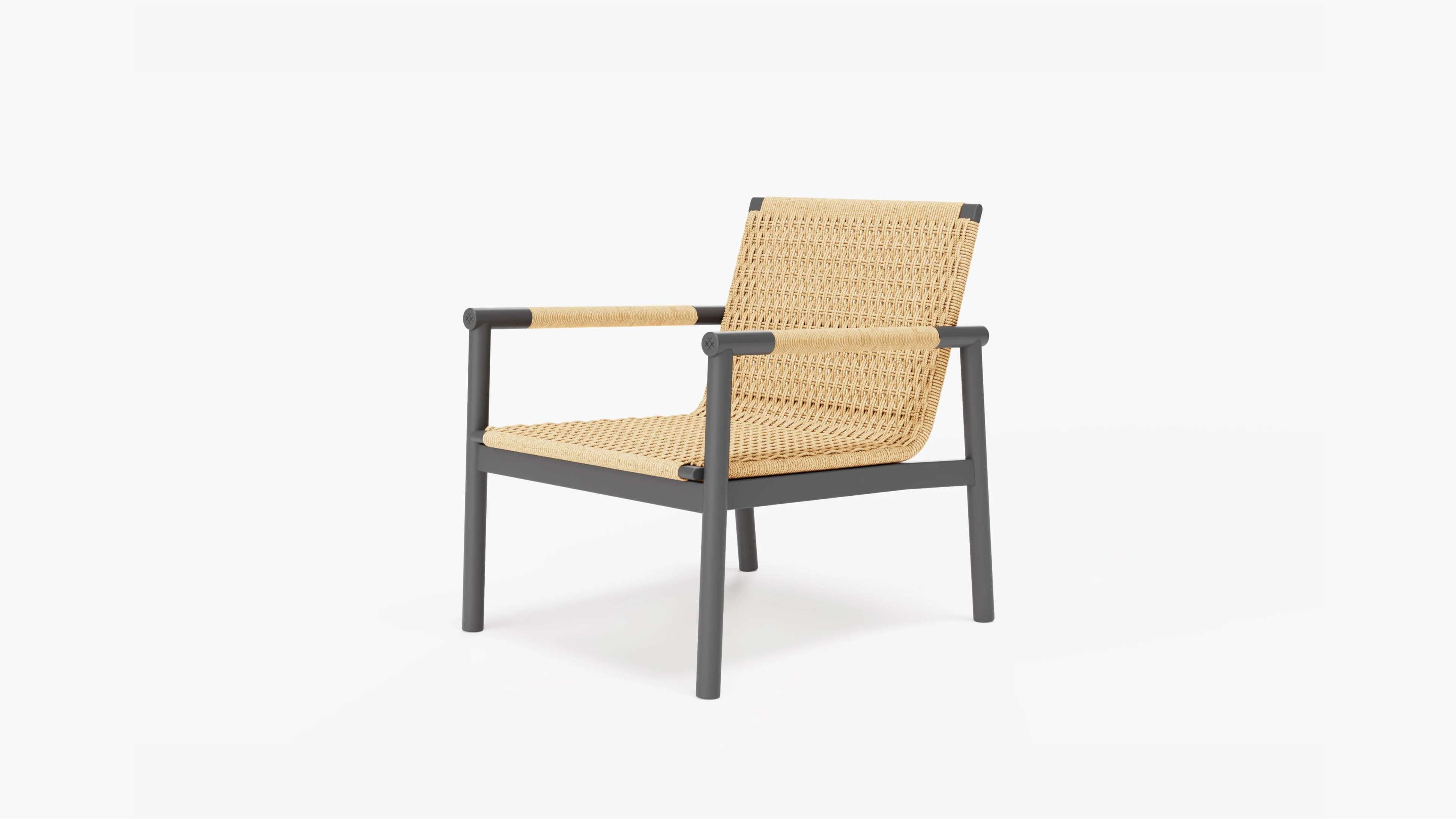Outdoor armchair with woven seat and backrest on a dark metal frame, shown on a white background