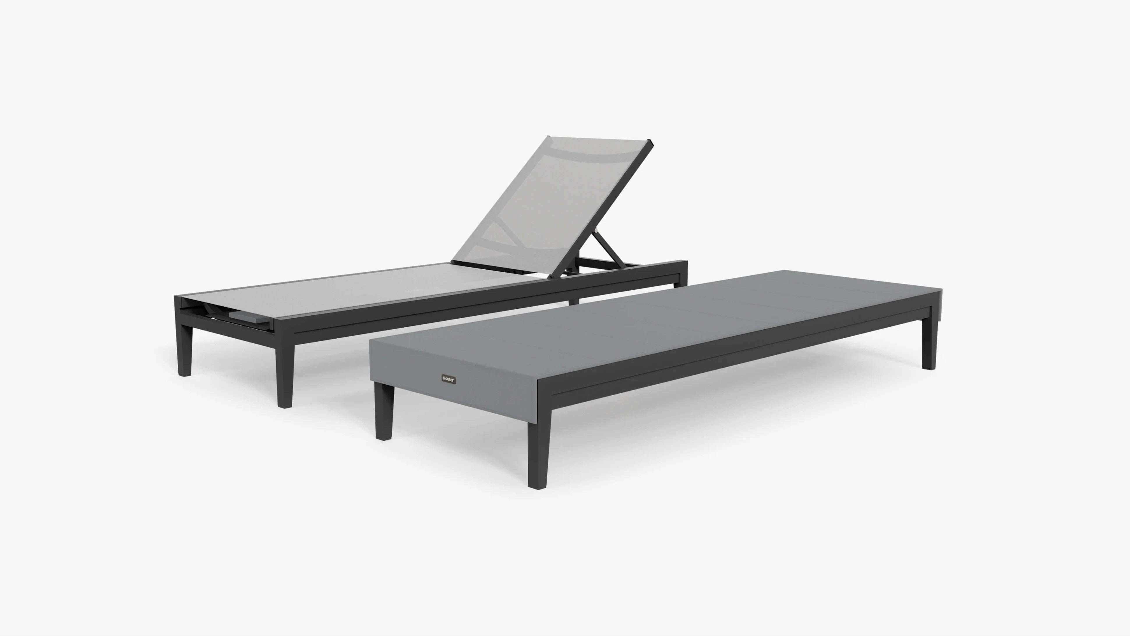 Aluminum outdoor chaise lounge chairs with adjustable backrests on a white background
