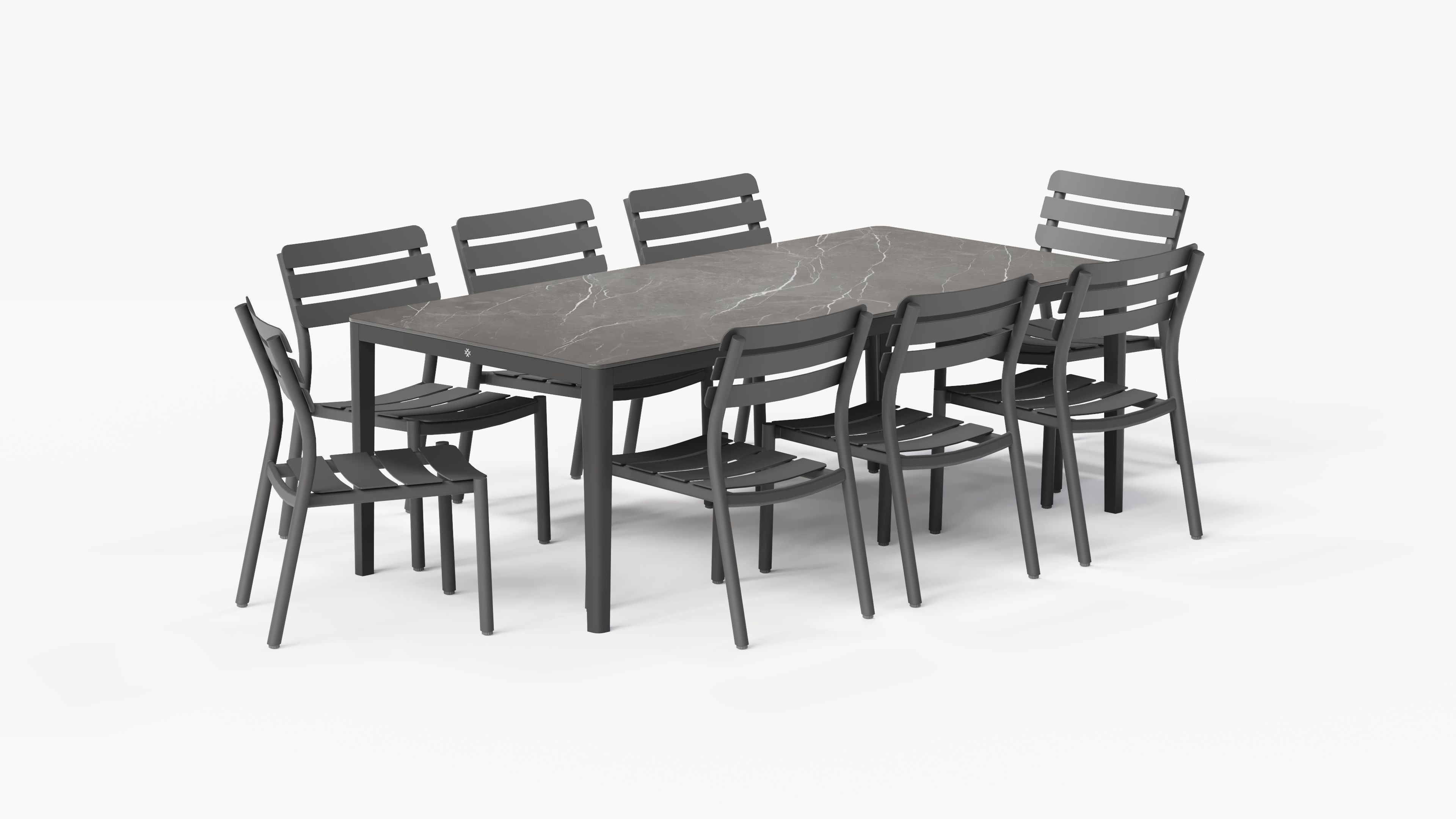OuterStone Dining Table in Mineral Gray with 8 595 Armless Chairs, 3/4 view. #color_mineral gray