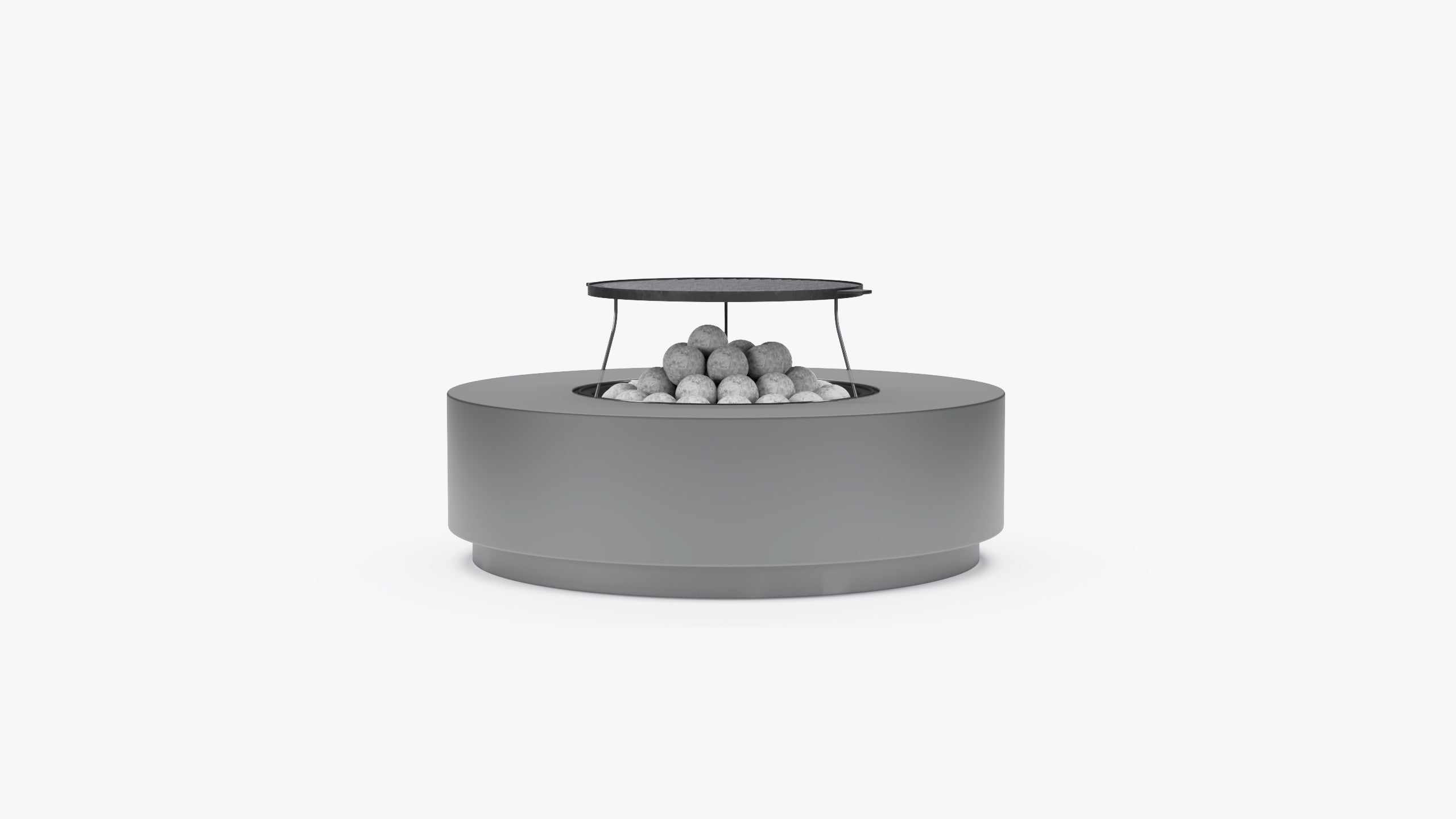 Outer round fire pit with grill grate and lava rocks, front view