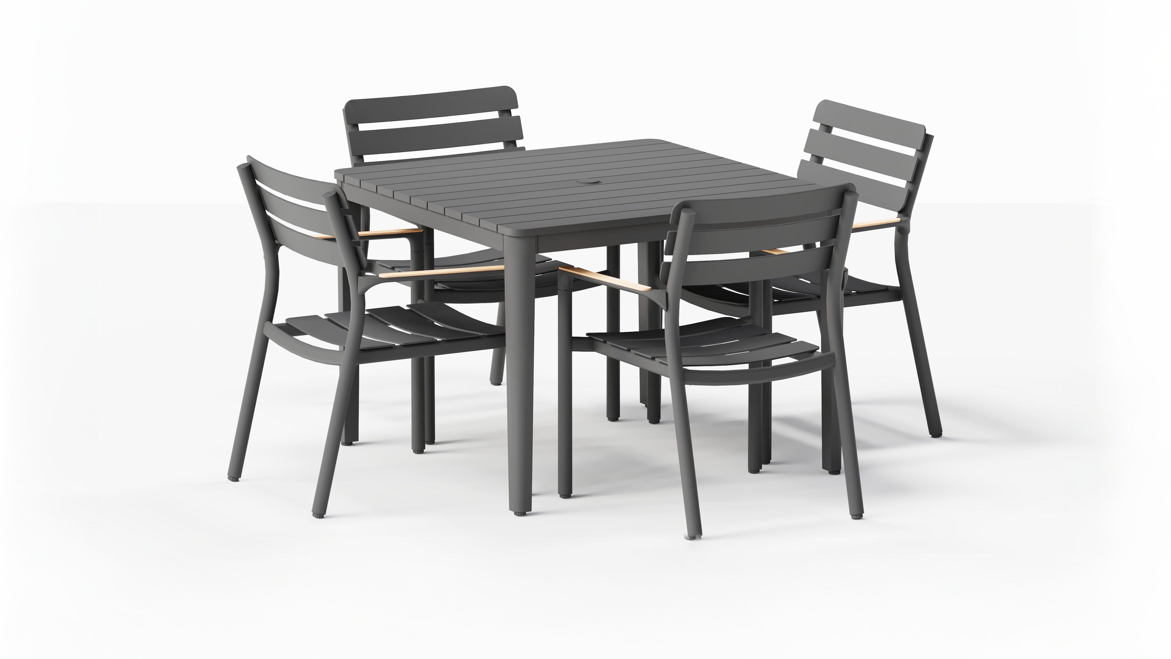 outer-outdoor dining set-Charcoal aluminum square dining table paired with four 595 armchairs arranged on a patio for outdoor dining