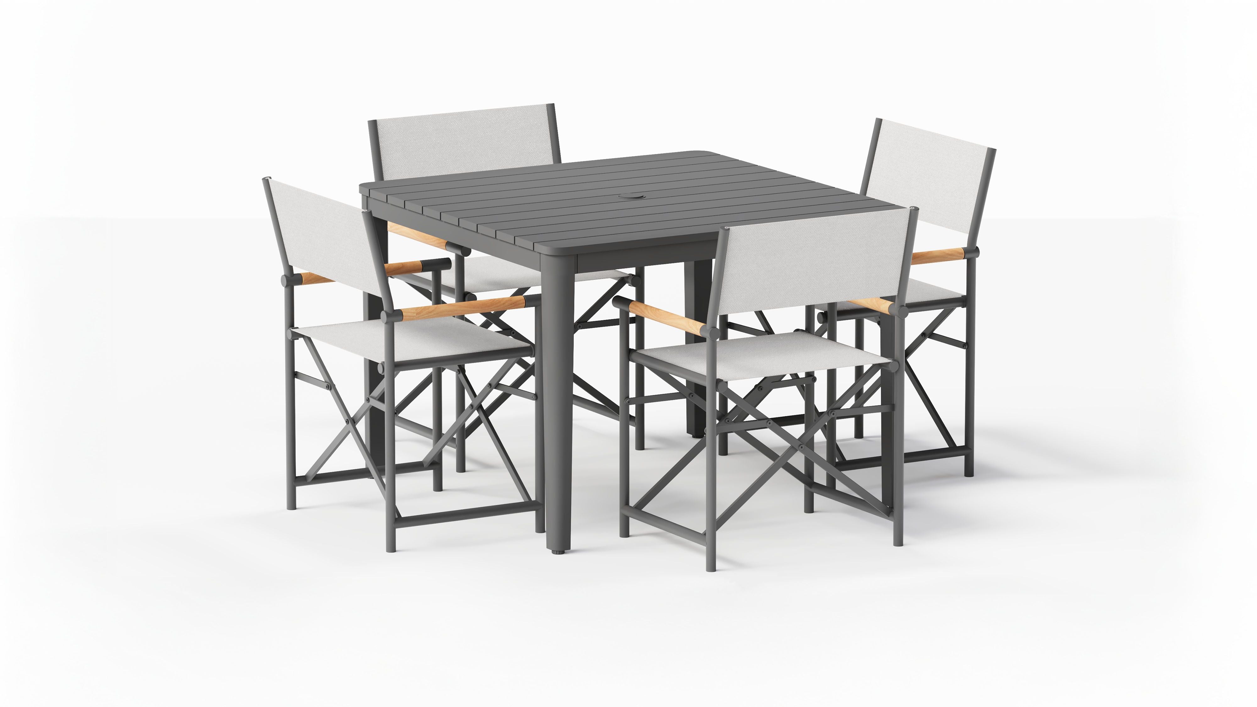 outer-outdoor dining set-Charcoal aluminum square dining table with four aluminum director’s chairs arranged on a patio for outdoor dining