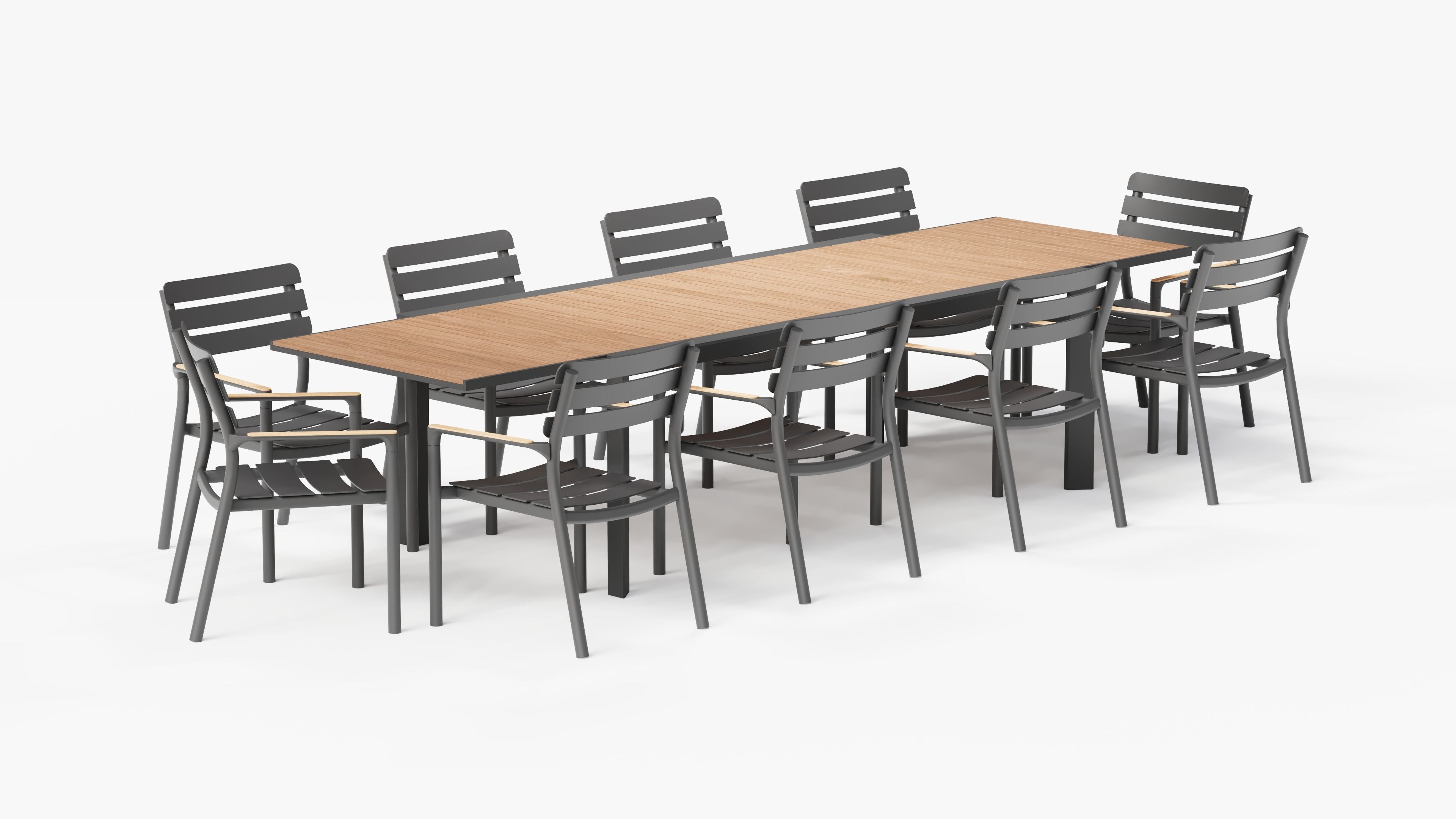 Teak and Aluminum Expandable Dining Table with 10 595 Armchairs, 3/4 view. #color_charcoal