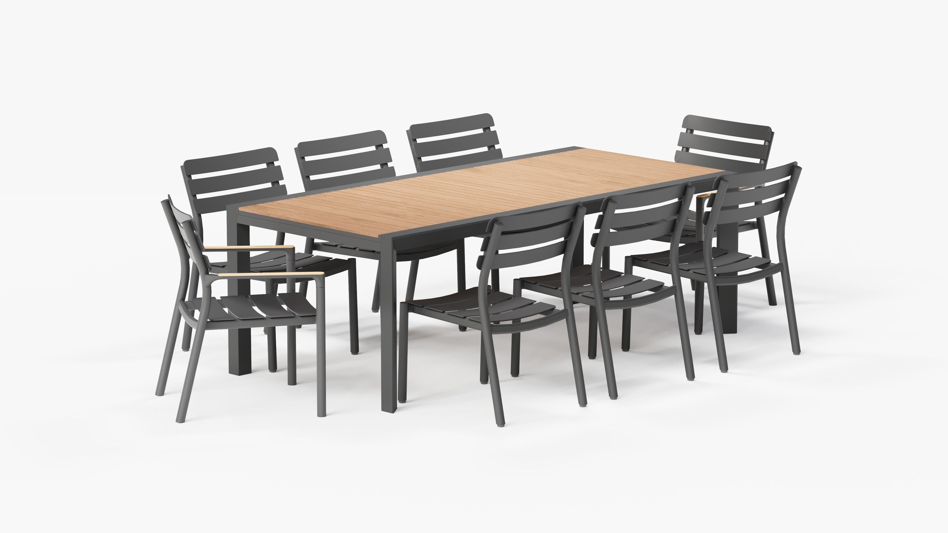 Teak + Aluminum Expandable Dining Table Set with 2 595 Armchairs and 6 595 Armless Chairs, 3/4 view. #color_charcoal
