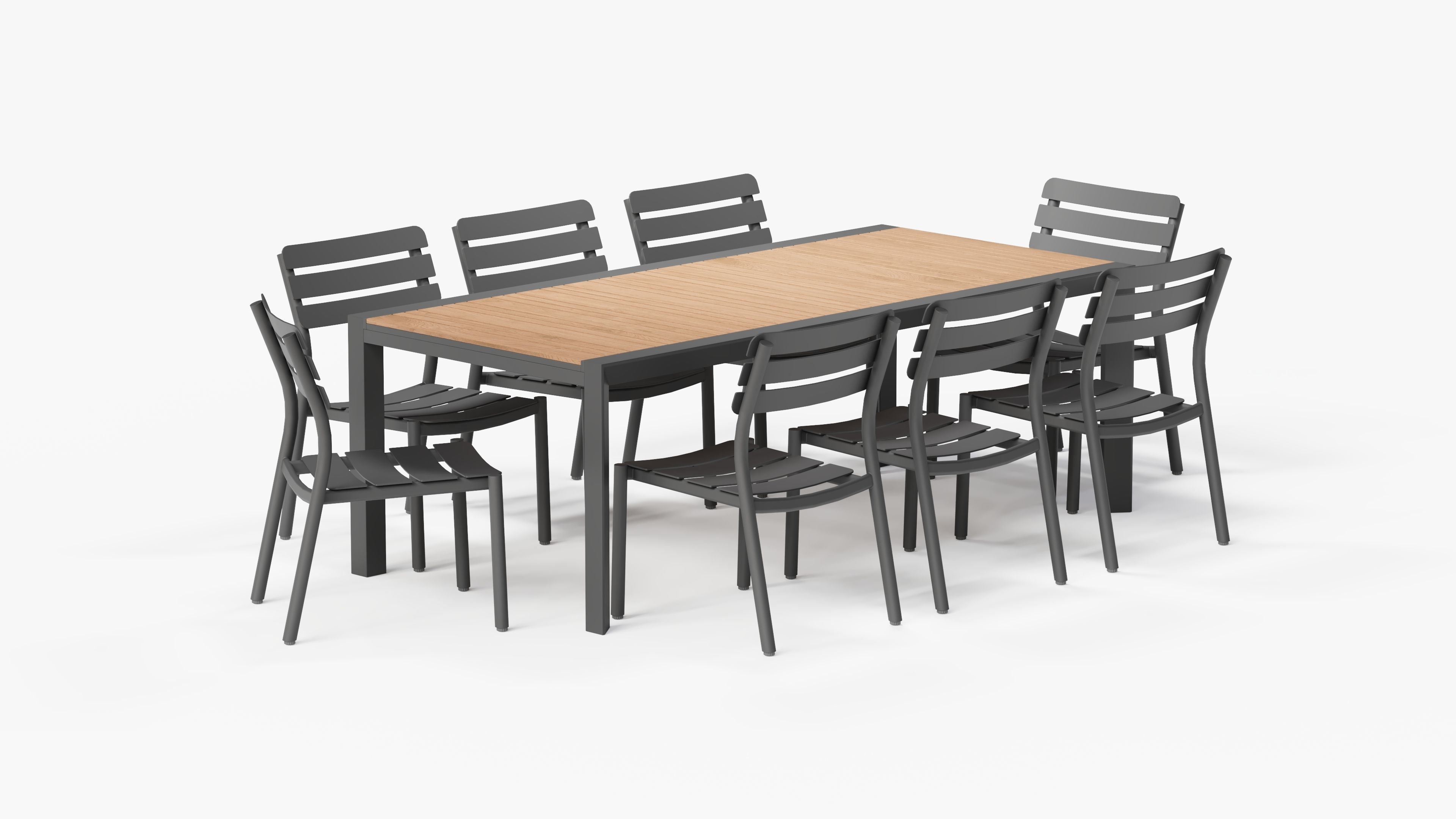 Teak + Aluminum Dining Set with 8 595 Armless Chairs, 3/4 view. #color_charcoal