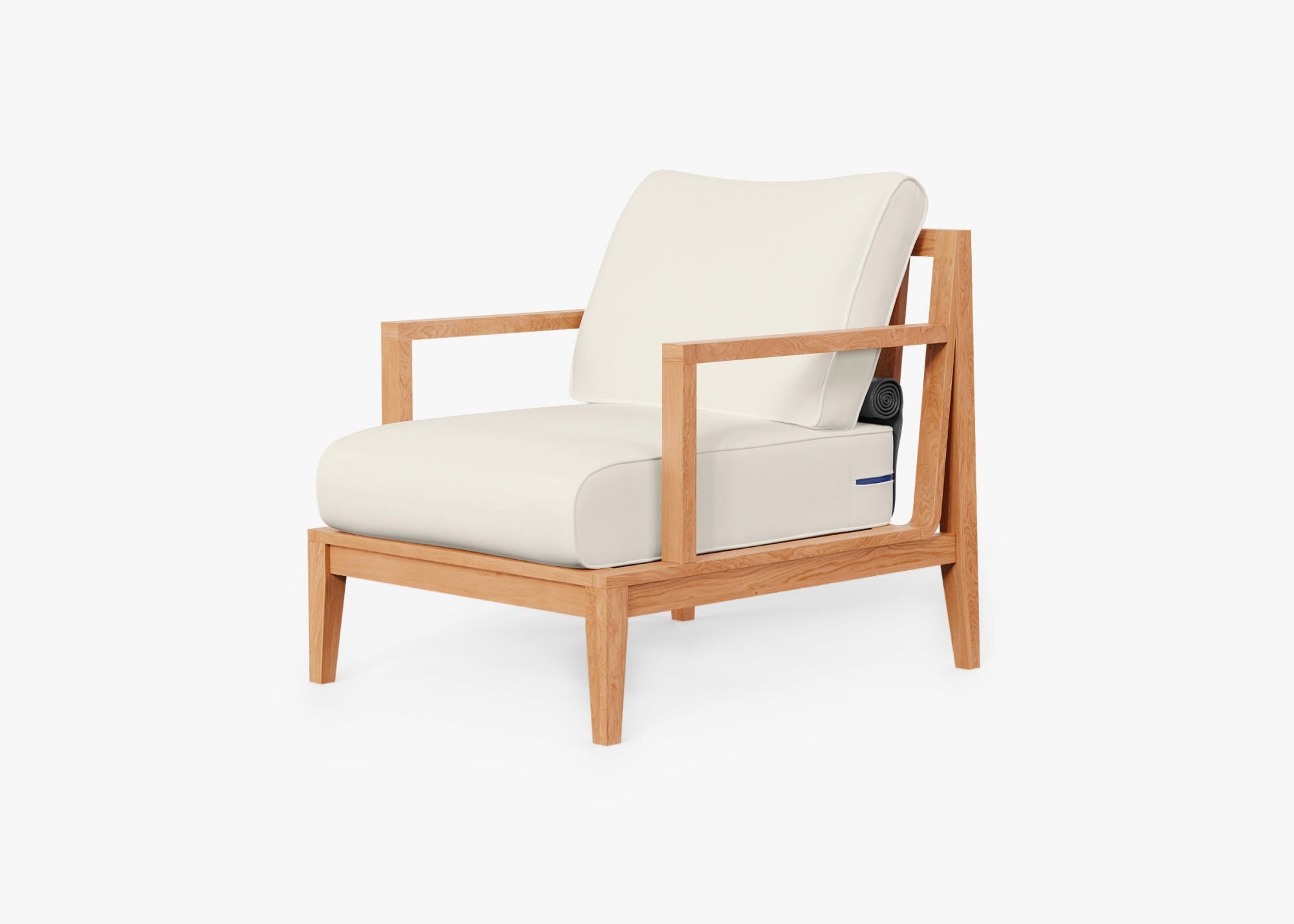 Teak outdoor armchair with cream cushions, featuring a sturdy wooden frame and wide armrests, designed for comfortable outdoor seating.-teak outdoor sofa-outer #color_palisades cream