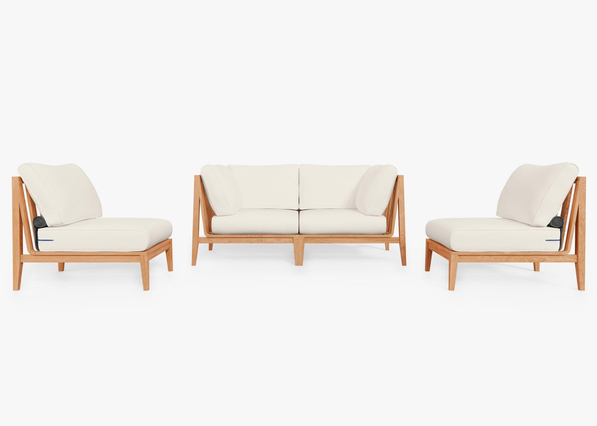 Teak outdoor loveseat with armless chairs, featuring cream cushions and a natural wood finish.-teak outdoor sofa-outer #color_palisades cream