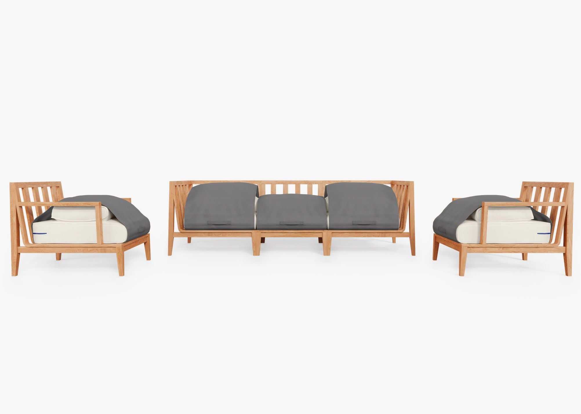 Teak outdoor sofa with matching armchairs, featuring cream cushions and a sturdy wooden frame, arranged in a spacious patio setting.-teak outdoor sofa-outer #color_palisades cream