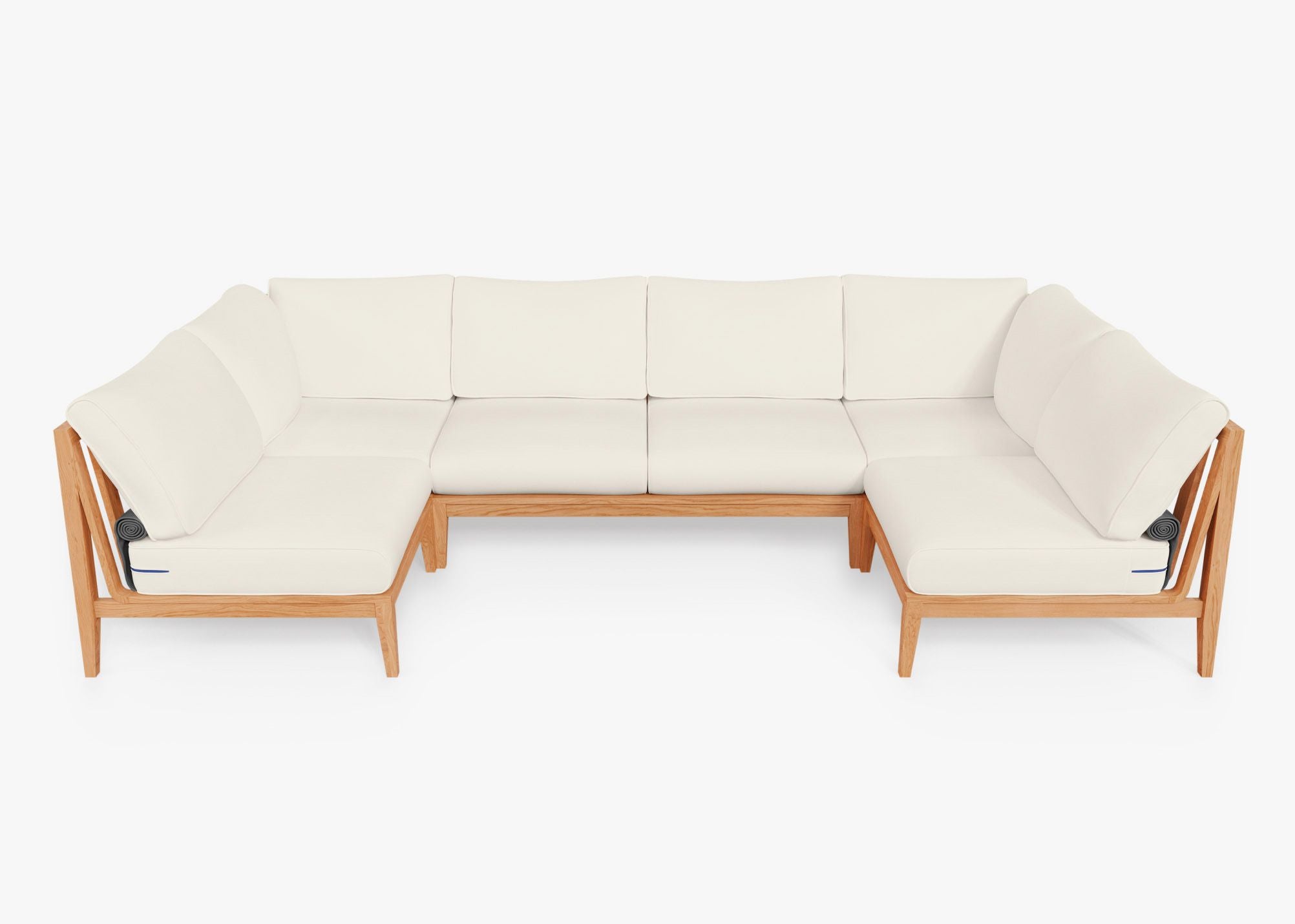 Teak outdoor U sectional sofa with 6 cream cushions arranged on a wooden deck, featuring a modern and spacious design for comfortable seating.-teak outdoor sofa-outer #color_palisades cream