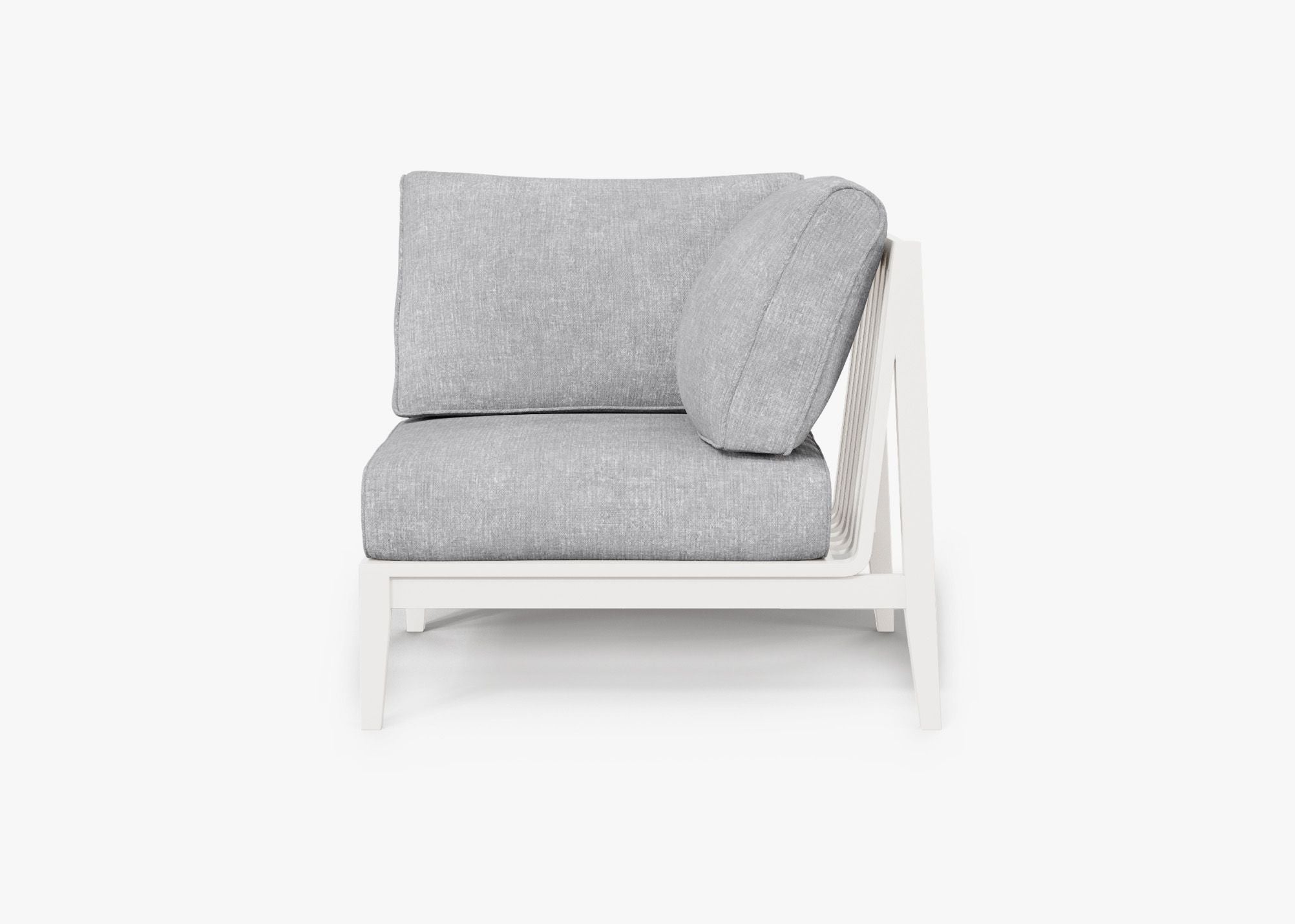 White Aluminum Outdoor Corner Chair - Left, front. Comfortable, durable, and weather resistant outdoor seating with memory foam. #color_pacific fog gray