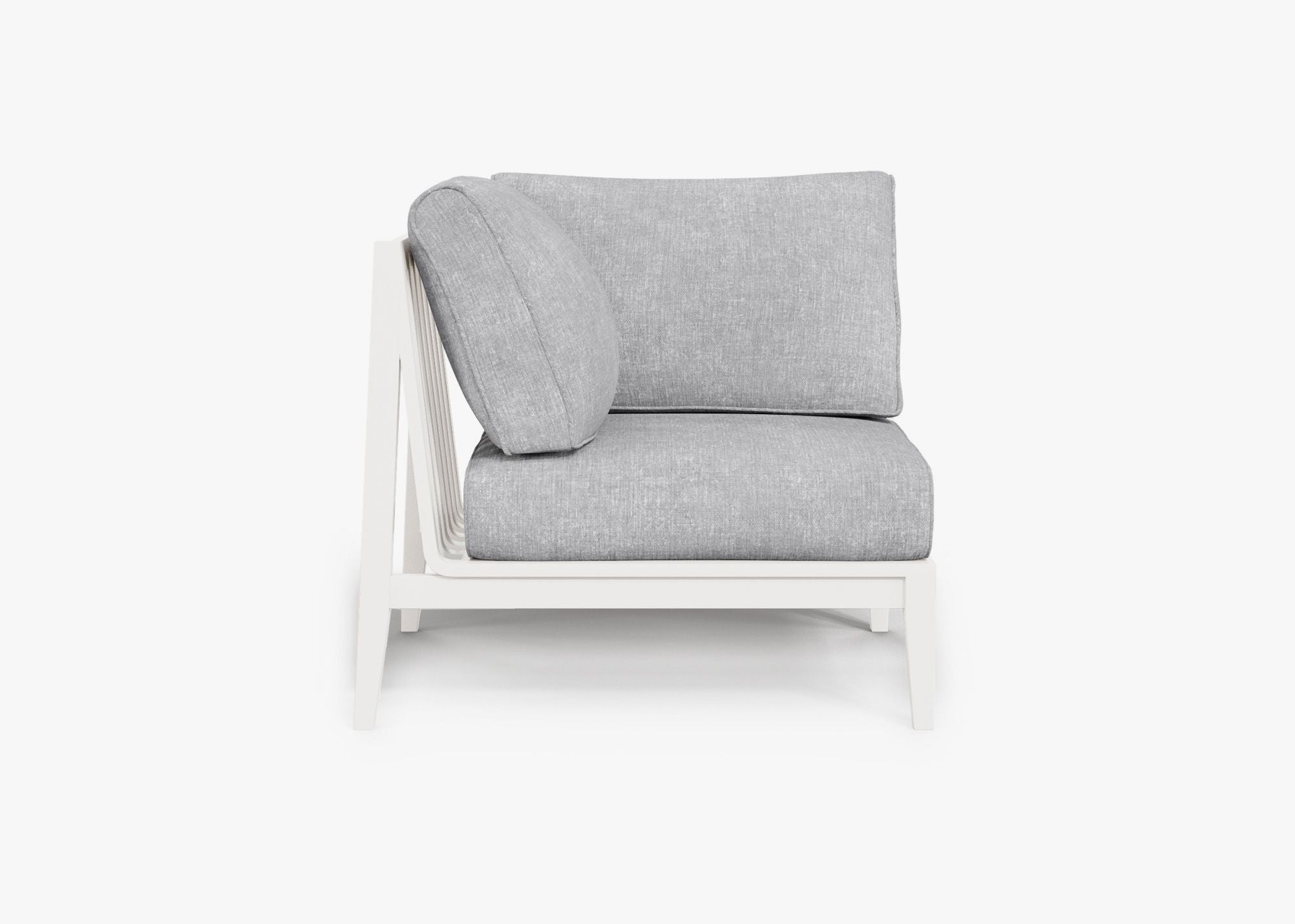White Aluminum Outdoor Corner Chair - Right, front. Comfortable, durable, and weather resistant outdoor seating with memory foam. #color_pacific fog gray