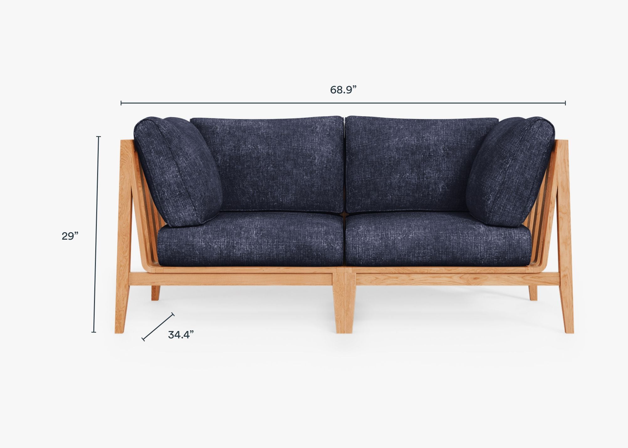 Teak outdoor loveseat with white aluminum frame and deep sea navy cushions, designed for comfortable outdoor seating.-teak outdoor sofa-outer #color_deep sea navy